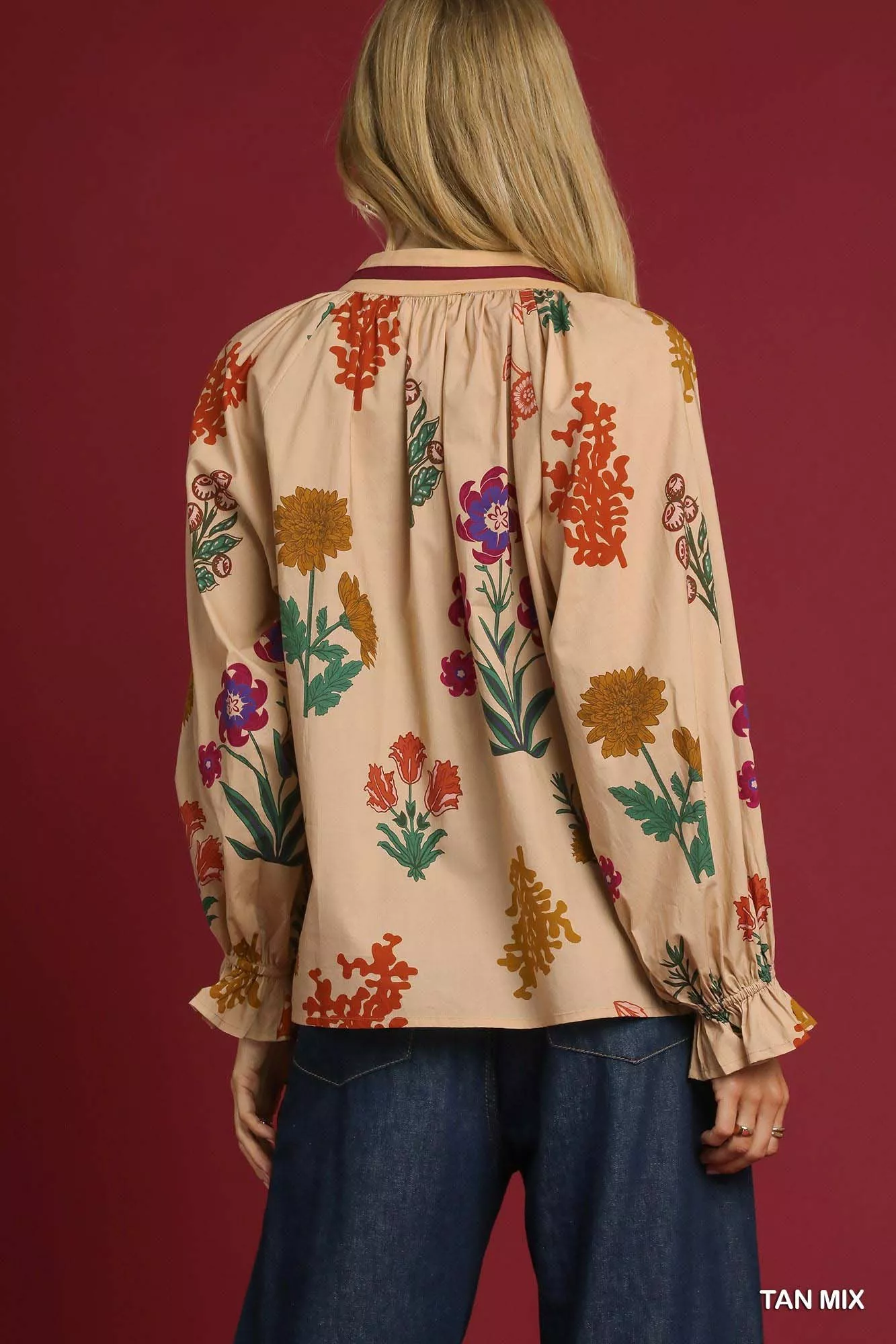 Umgee Floral Print Flounce Sleeve Blouse - Image 4