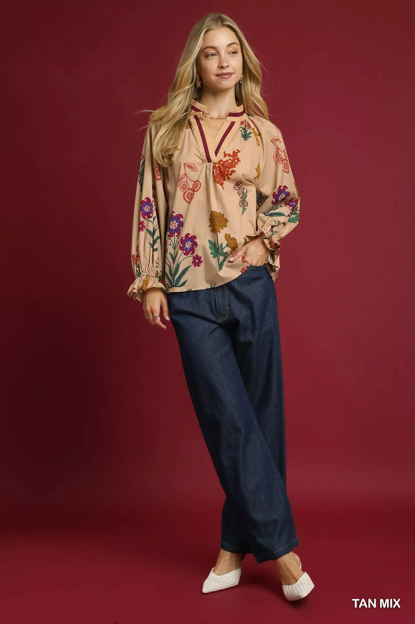 Umgee Floral Print Flounce Sleeve Blouse - Image 5