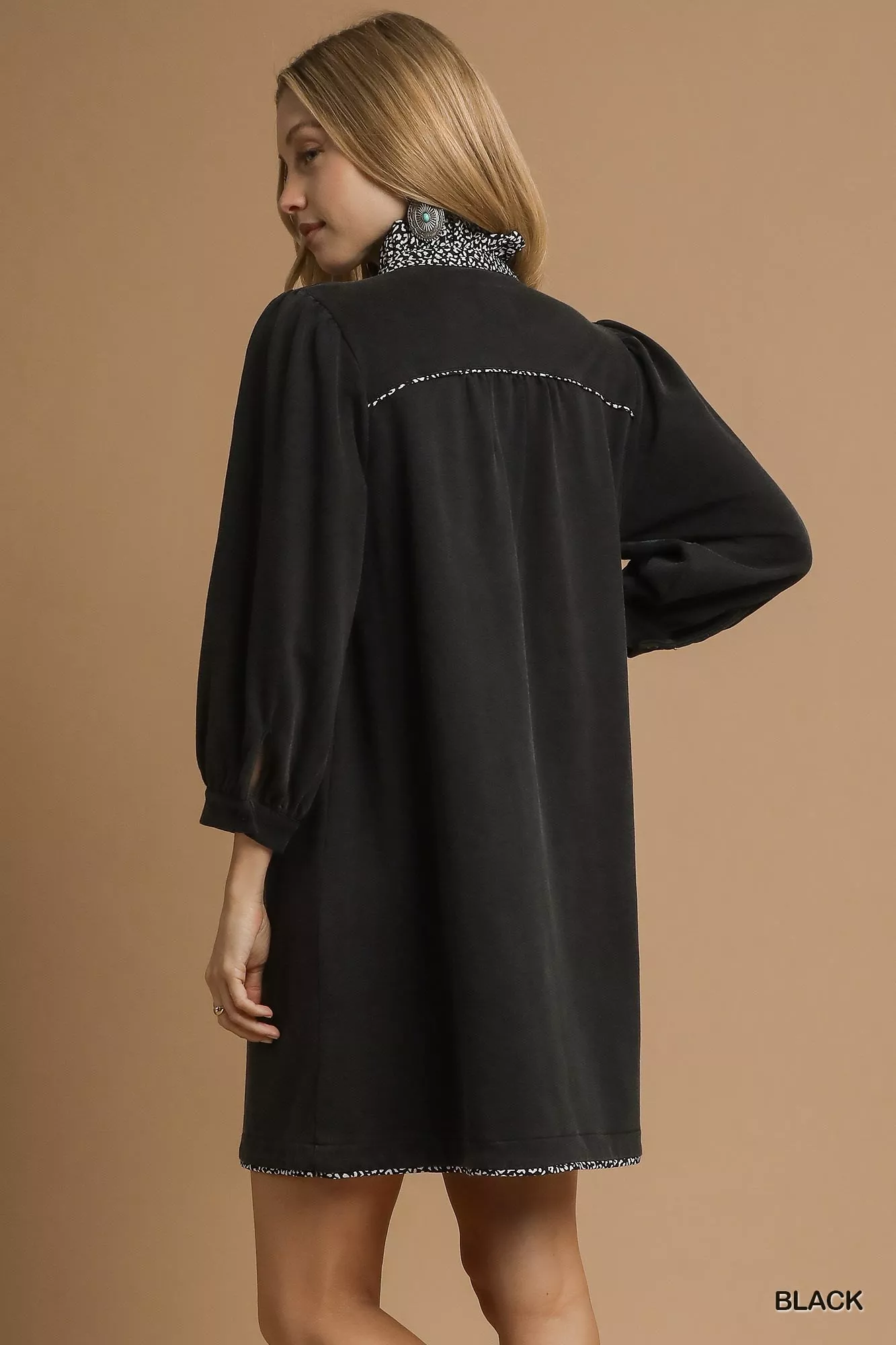 Umgee French Terry Balloon Sleeve Shift Dress with Leopard Print Detail - Image 3
