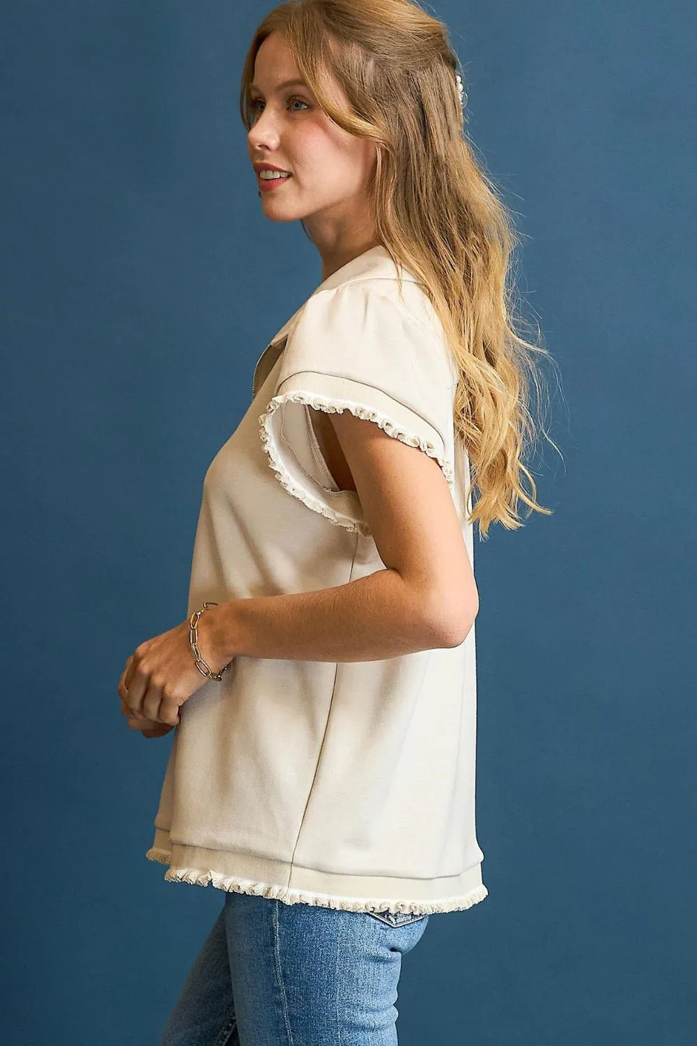 Umgee Frill Hem Half-Zip Collared Blouse - Image 2
