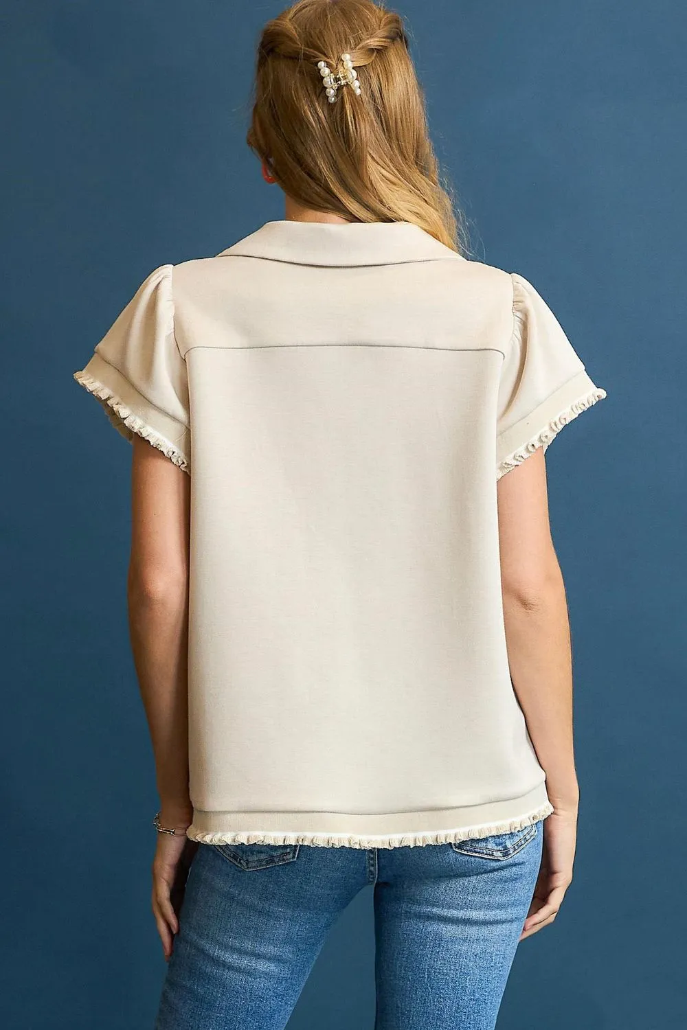 Umgee Frill Hem Half-Zip Collared Blouse - Image 3