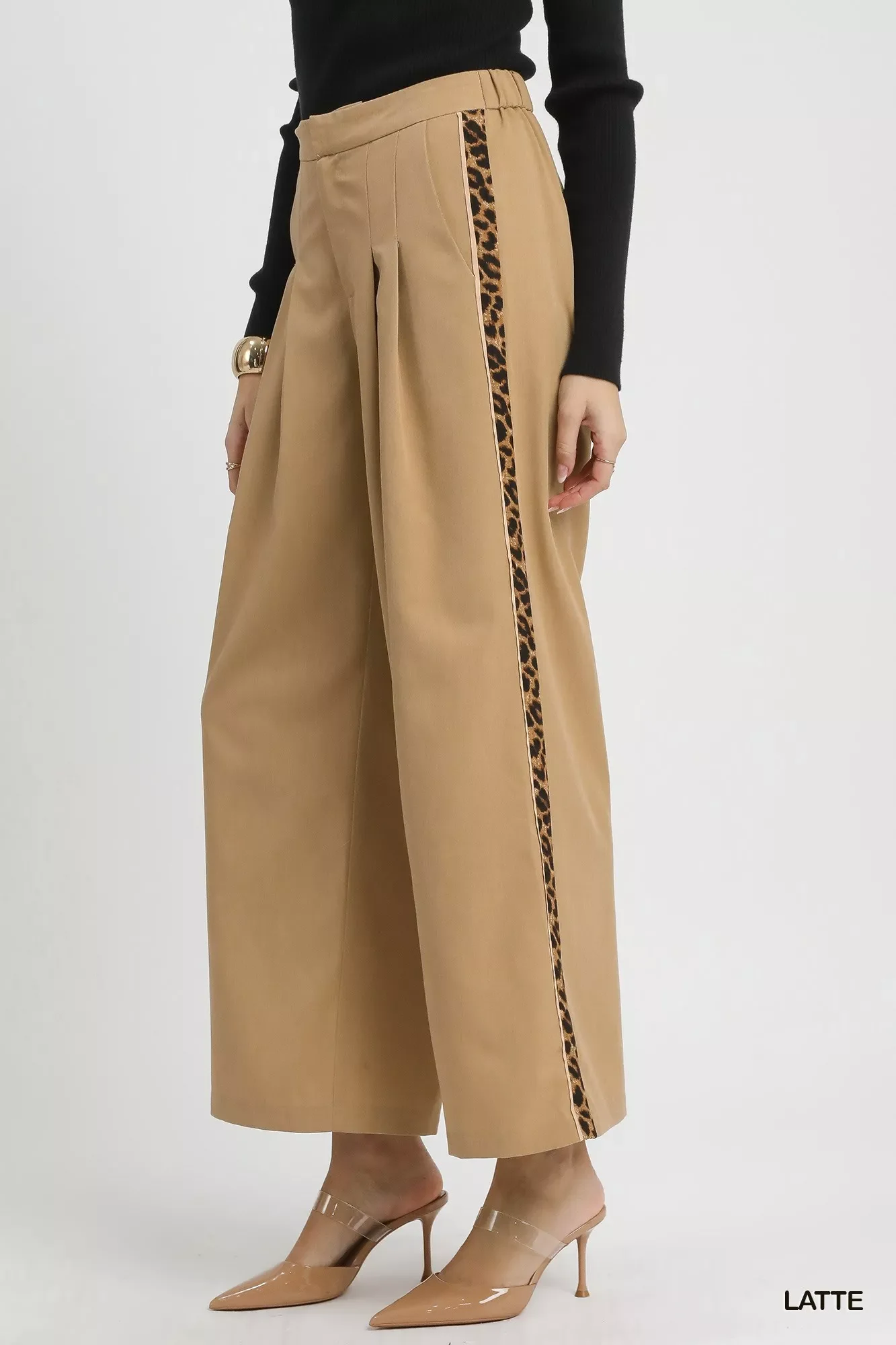 Umgee Front Pleated Wide-Leg Pants with Contrast Trim - Image 2