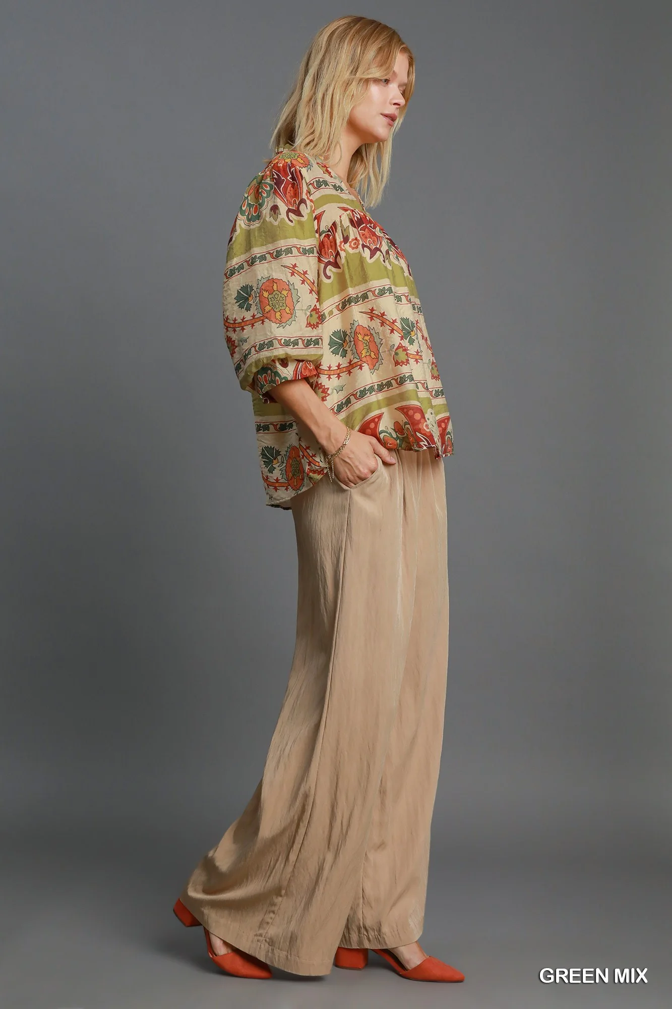 Umgee Full Size Border Print Notched 3/4 Puff Sleeve Blouse Plus Size - Image 2