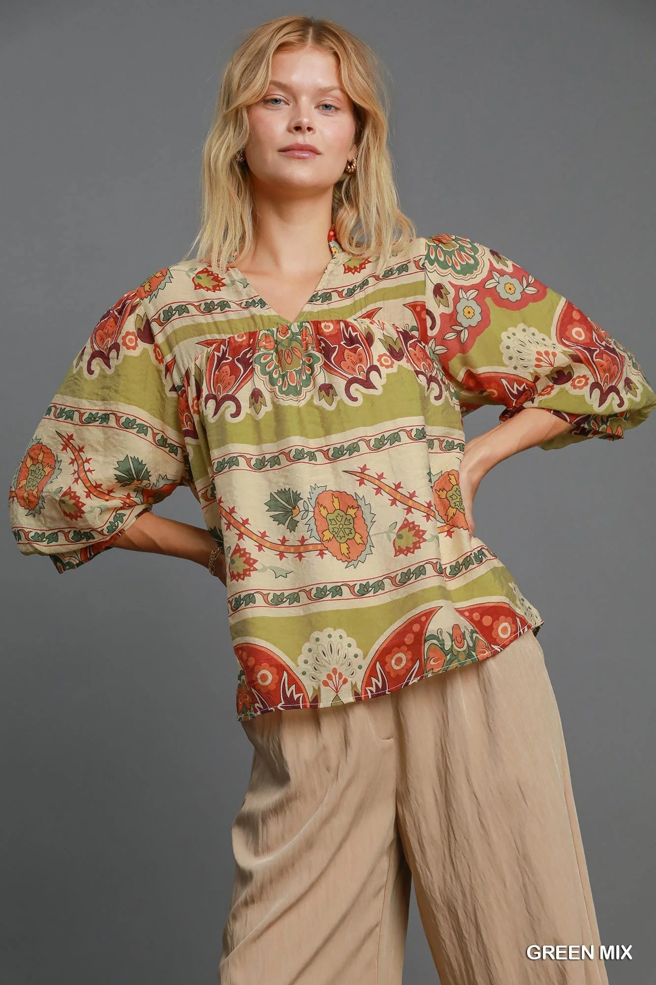 Umgee Full Size Border Print Notched 3/4 Puff Sleeve Blouse Plus Size - Image 3
