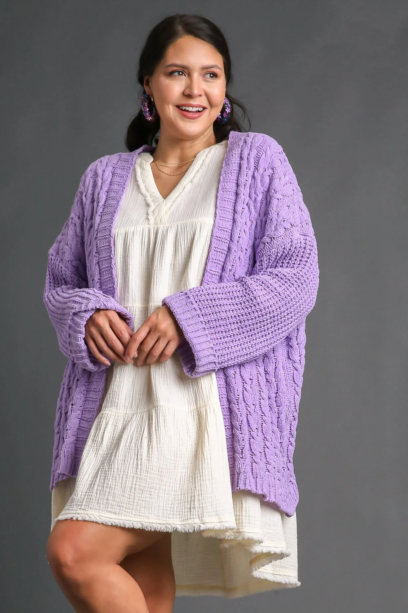 Umgee Full Size Cable Knit Open Front Long Sleeve Cardigan - Image 3