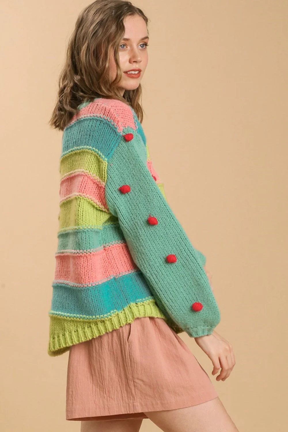 Umgee Full Size Color Block Cable Knit Sweater with Pom Pom Plus Size - Image 2