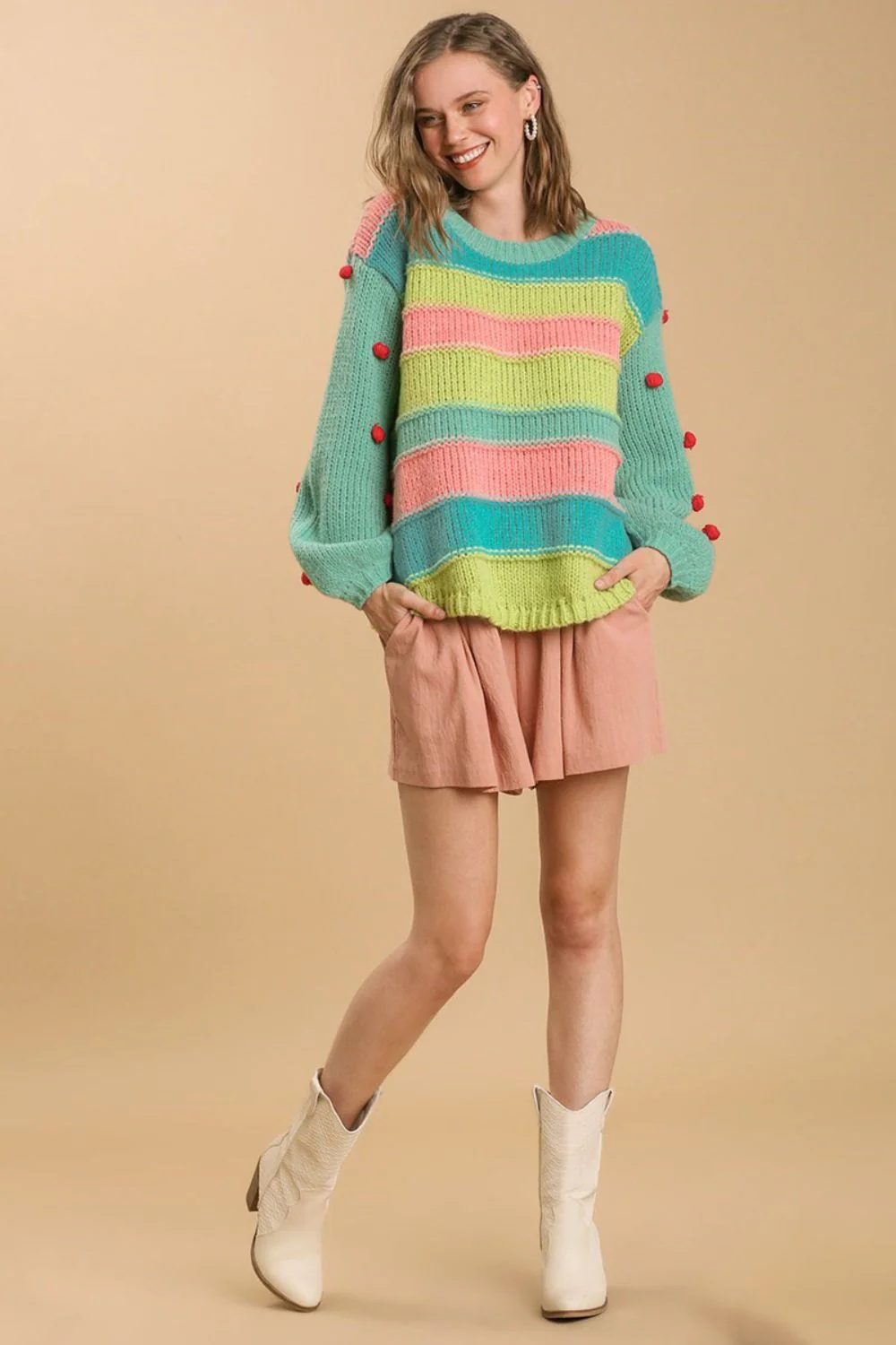 Umgee Full Size Color Block Cable Knit Sweater with Pom Pom Plus Size - Image 3