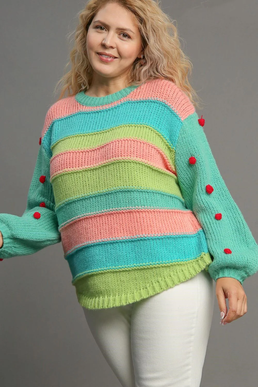 Umgee Full Size Color Block Cable Knit Sweater with Pom Pom Plus Size - Image 4