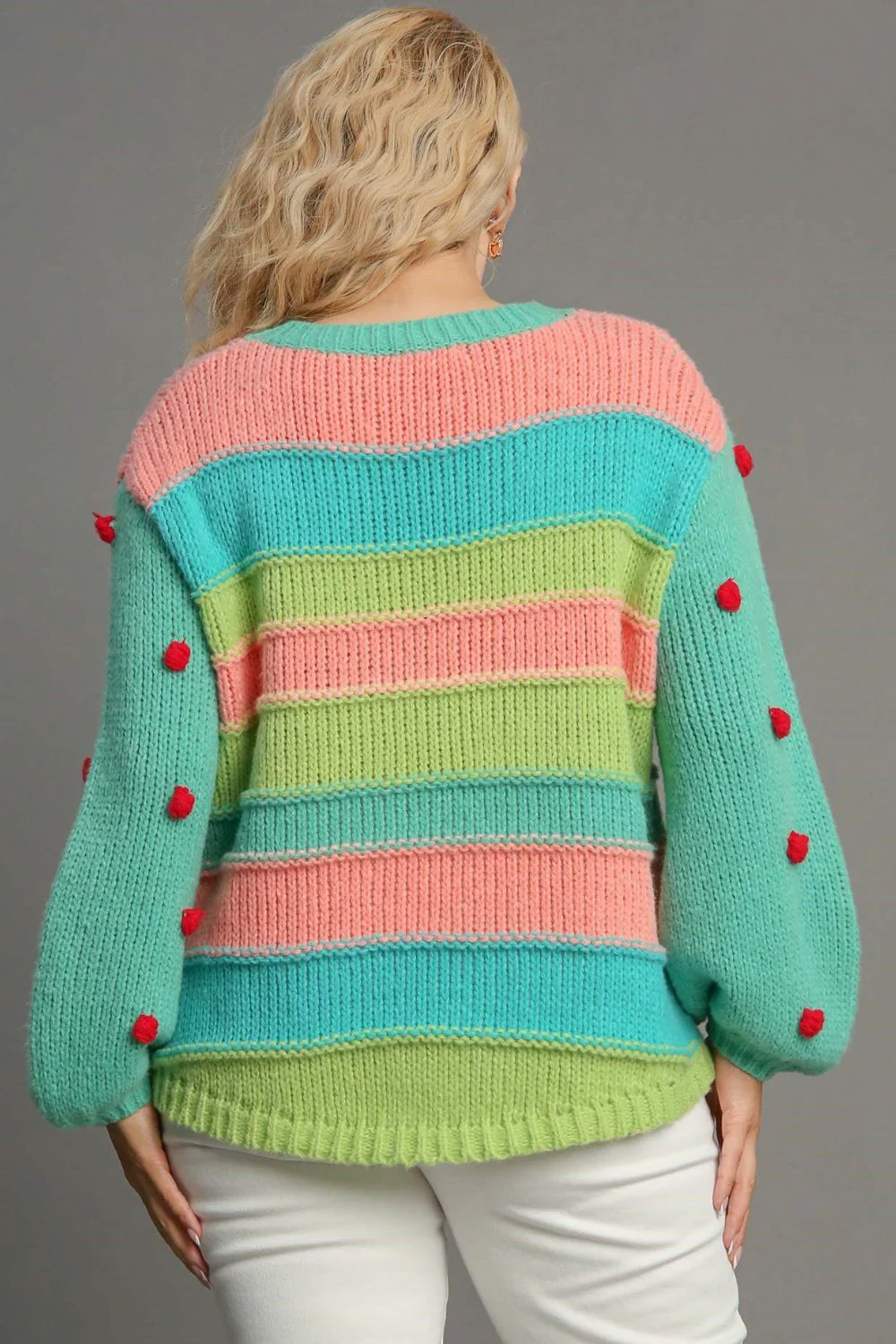 Umgee Full Size Color Block Cable Knit Sweater with Pom Pom Plus Size - Image 5