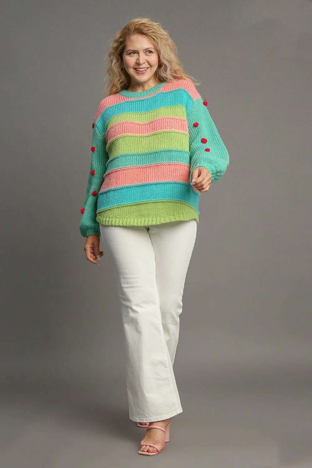 Umgee Full Size Color Block Cable Knit Sweater with Pom Pom Plus Size - Image 6