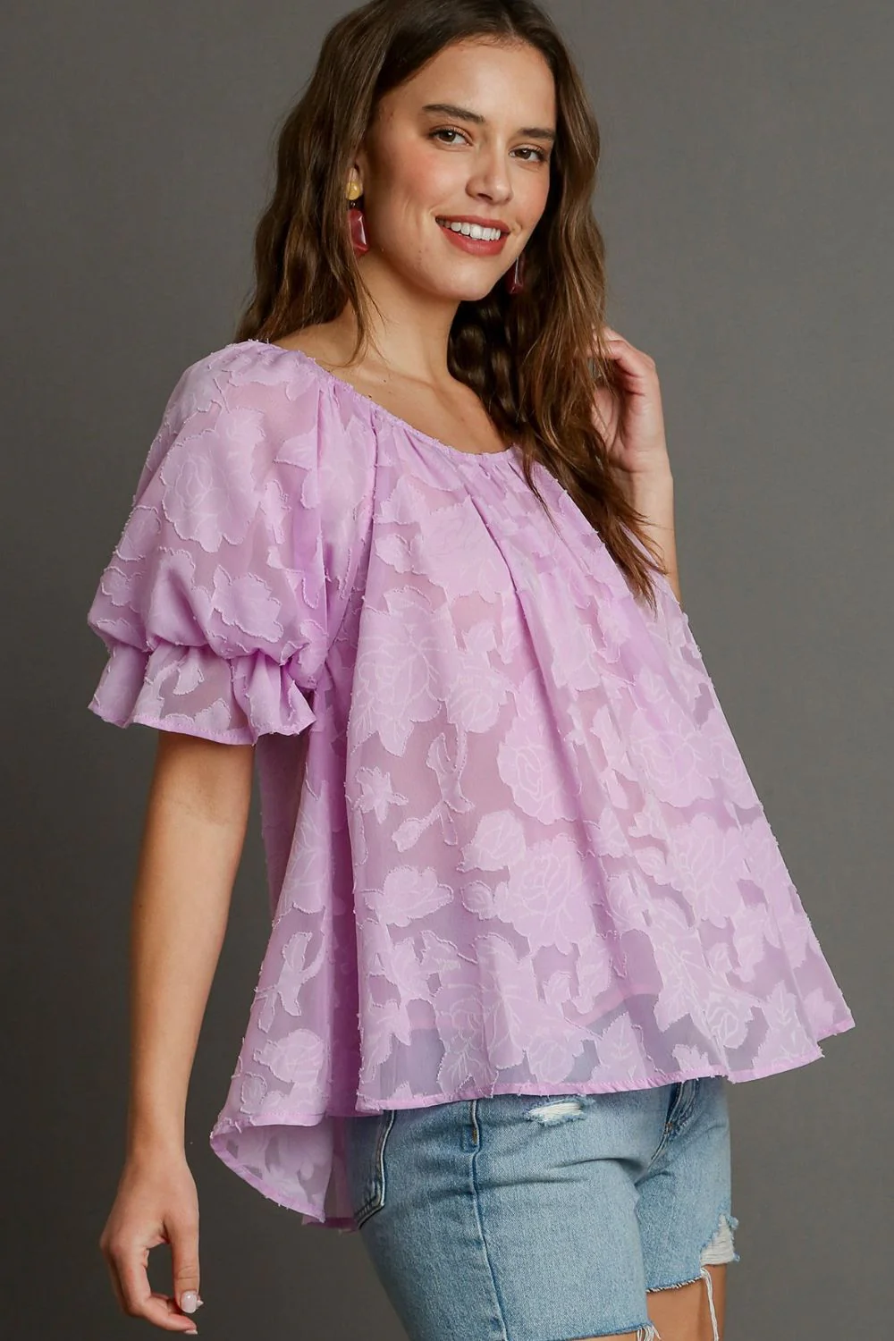 Umgee Full Size Jacquard Round Neck Ruffled Puff Sleeve Blouse Plus Size - Image 2