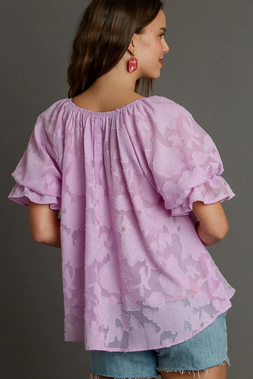 Umgee Full Size Jacquard Round Neck Ruffled Puff Sleeve Blouse Plus Size - Image 3