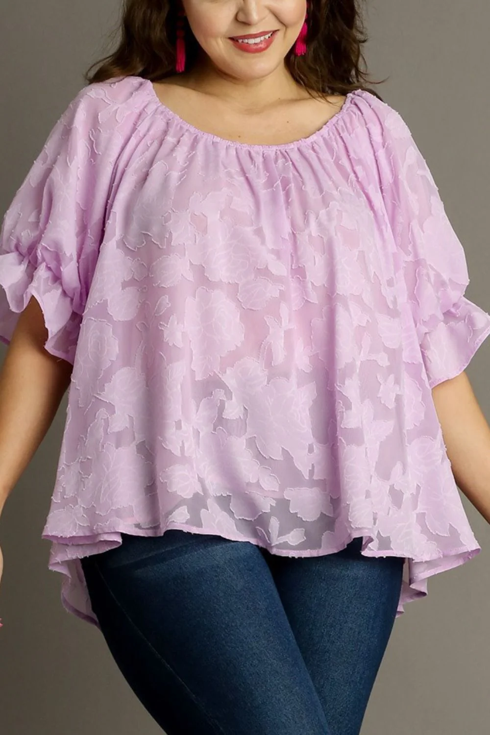 Umgee Full Size Jacquard Round Neck Ruffled Puff Sleeve Blouse Plus Size - Image 4