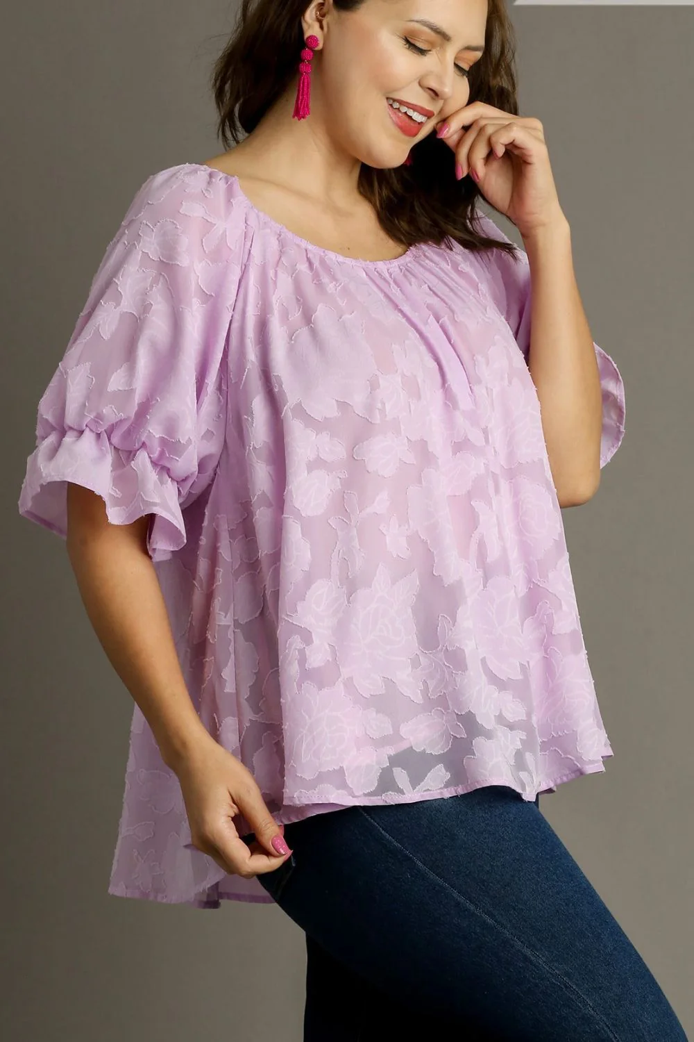 Umgee Full Size Jacquard Round Neck Ruffled Puff Sleeve Blouse Plus Size - Image 5