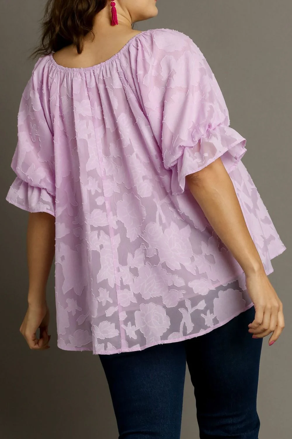 Umgee Full Size Jacquard Round Neck Ruffled Puff Sleeve Blouse Plus Size - Image 6