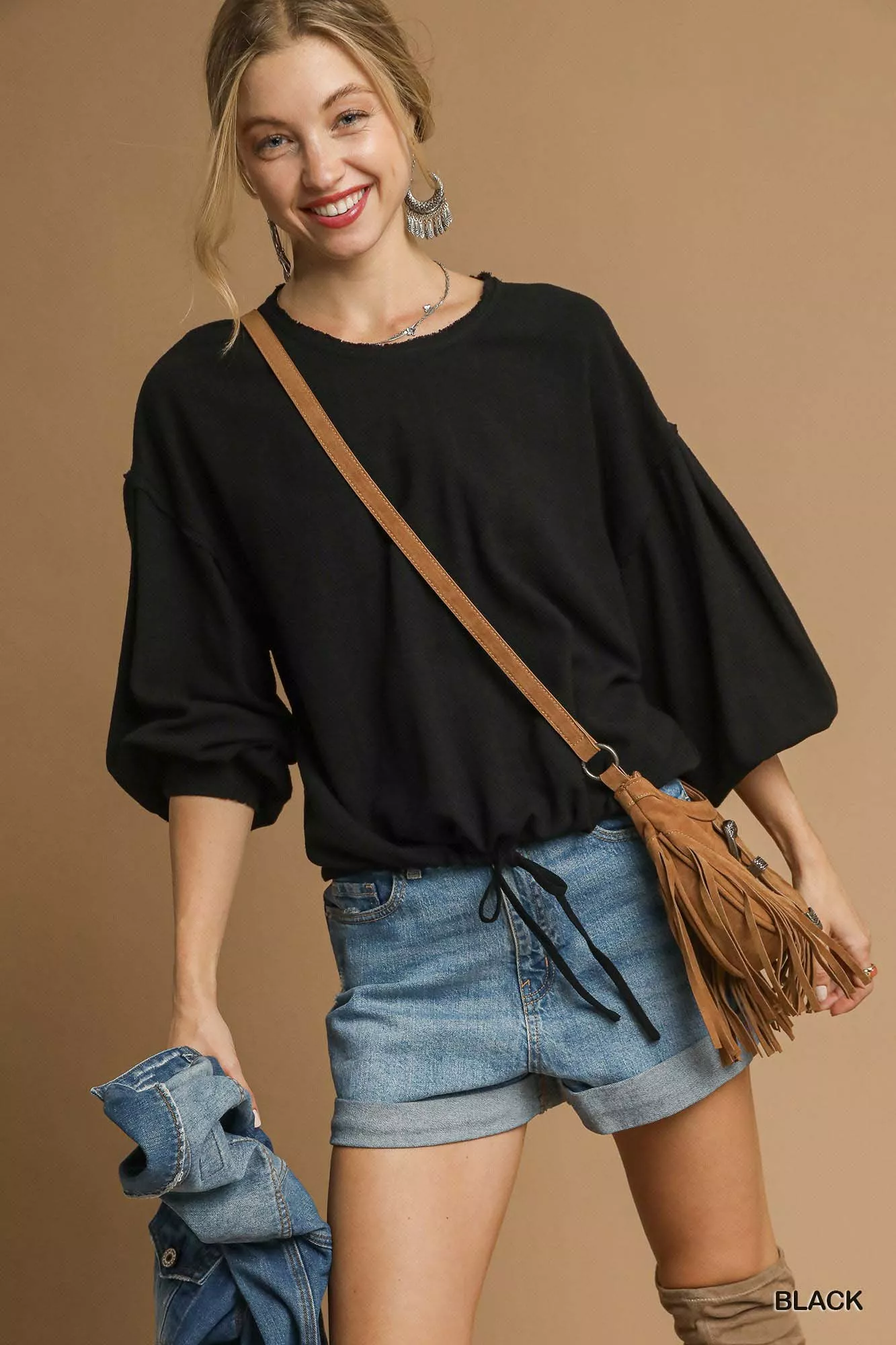 Umgee Full Size Linen Long Sleeve Top with Drawstring Plus Size - Image 2
