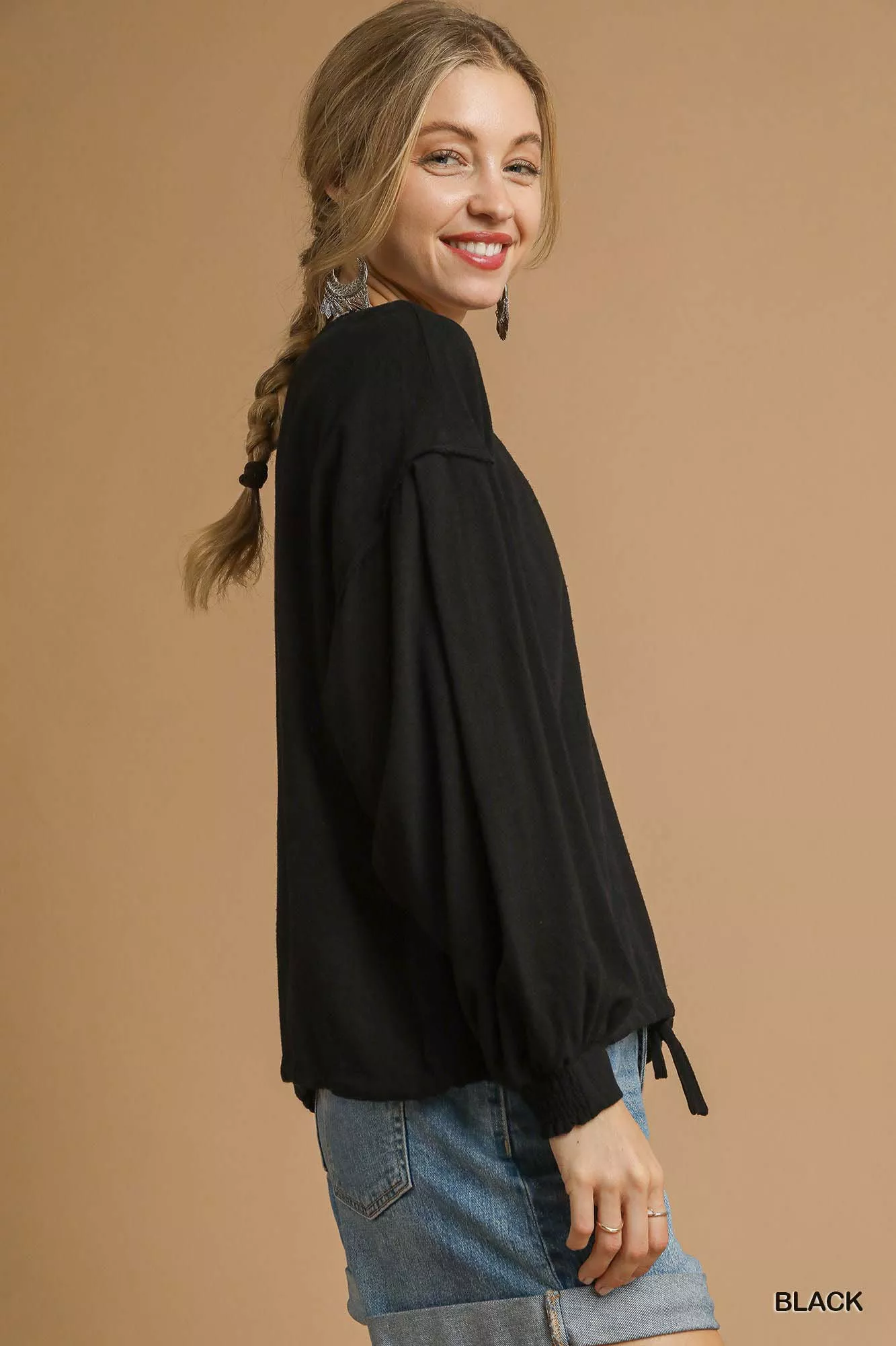 Umgee Full Size Linen Long Sleeve Top with Drawstring Plus Size - Image 3