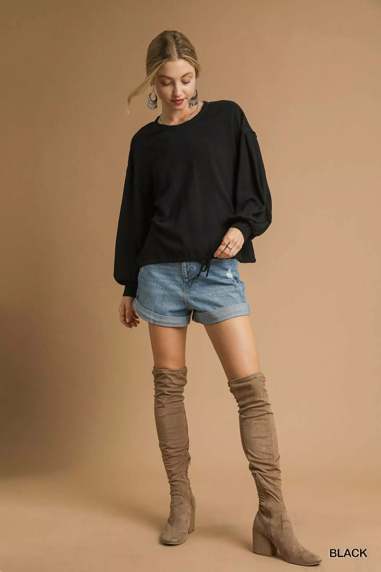 Umgee Full Size Linen Long Sleeve Top with Drawstring Plus Size - Image 5
