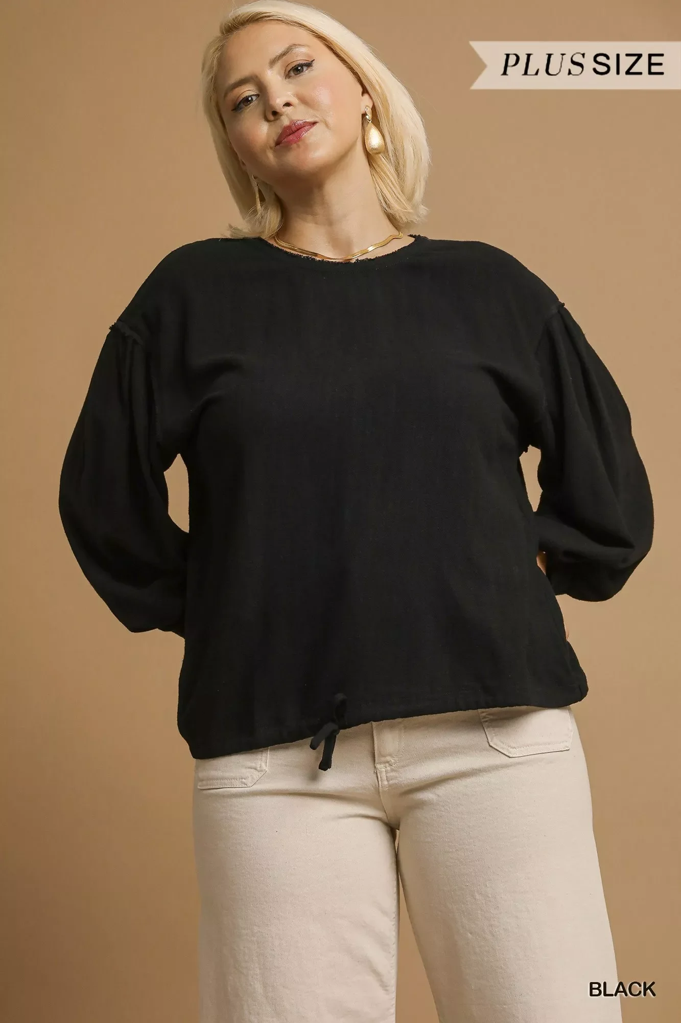 Umgee Full Size Linen Long Sleeve Top with Drawstring Plus Size - Image 6