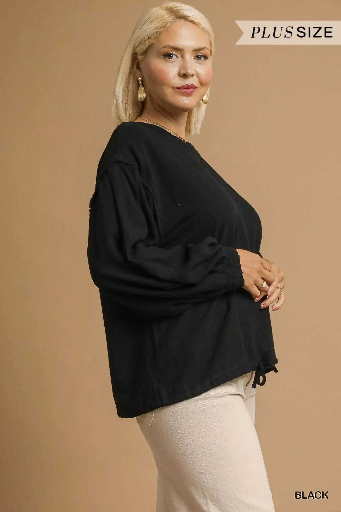 Umgee Full Size Linen Long Sleeve Top with Drawstring Plus Size - Image 8