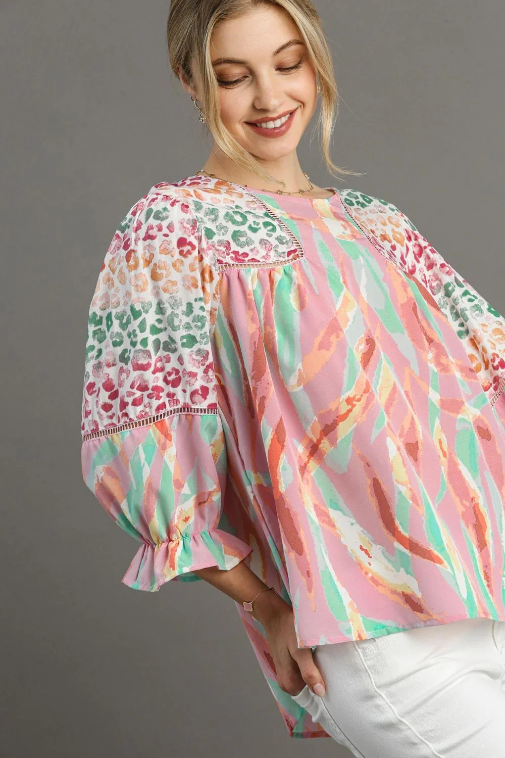Umgee Full Size Mixed Print Lace Trim Top Plus Size - Image 2