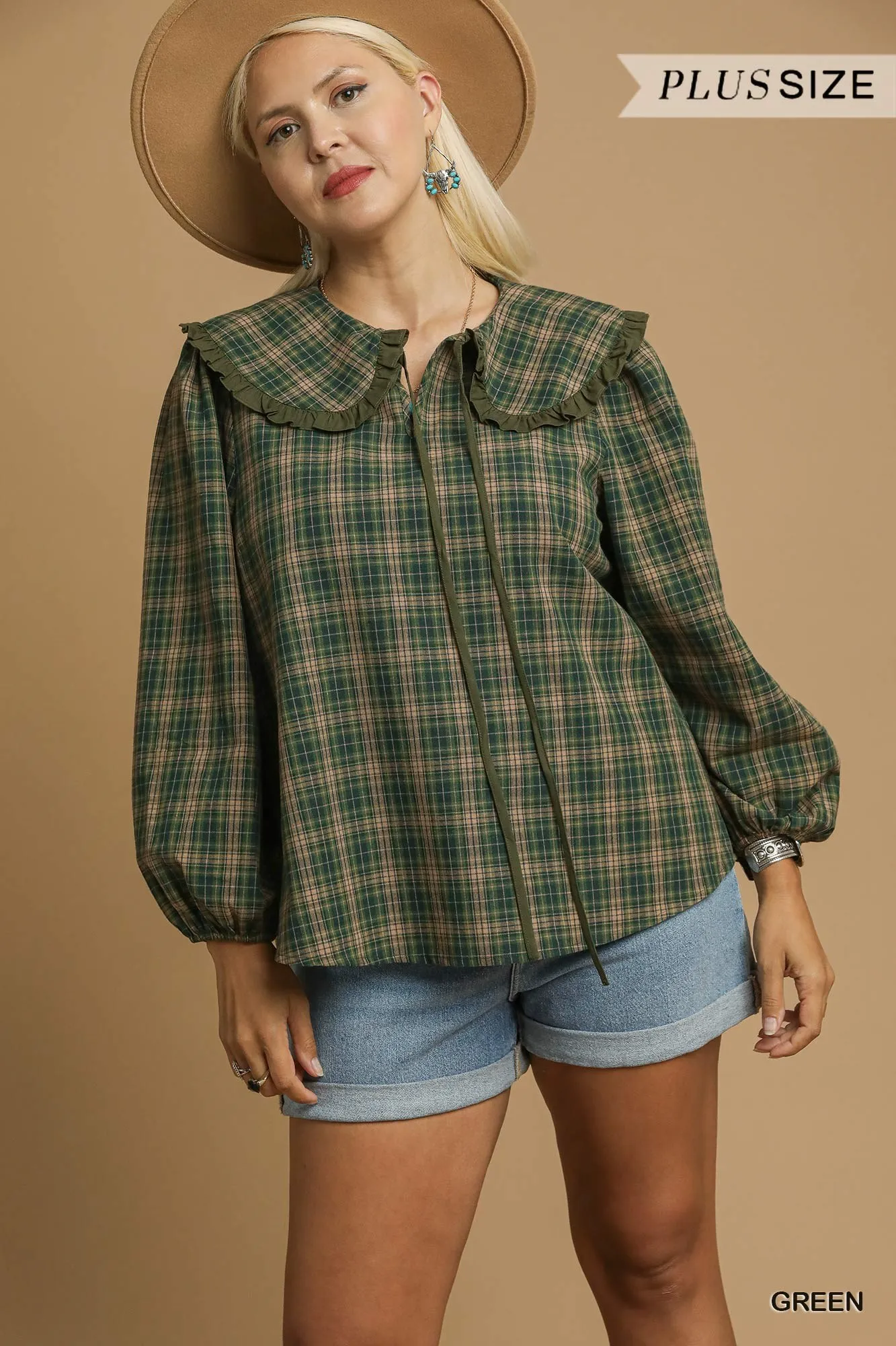 Umgee Full Size Plaid Ruffle Collar Blouse Plus Size - Image 10