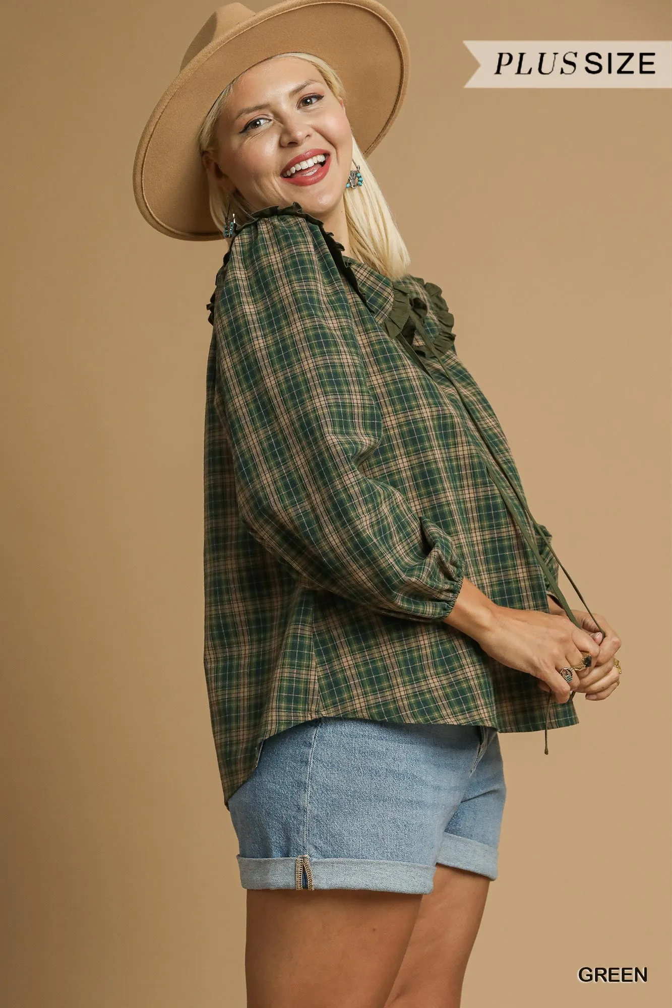 Umgee Full Size Plaid Ruffle Collar Blouse Plus Size - Image 11