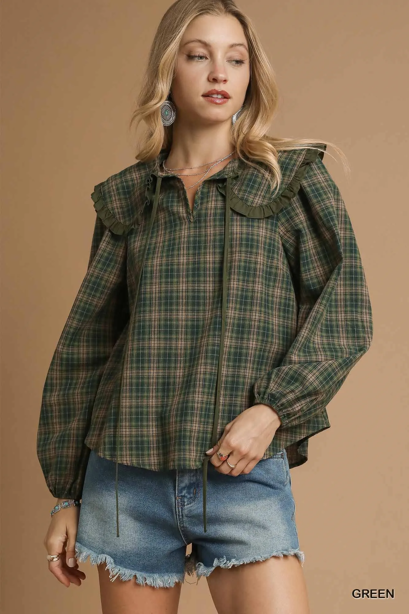 Umgee Full Size Plaid Ruffle Collar Blouse Plus Size - Image 2