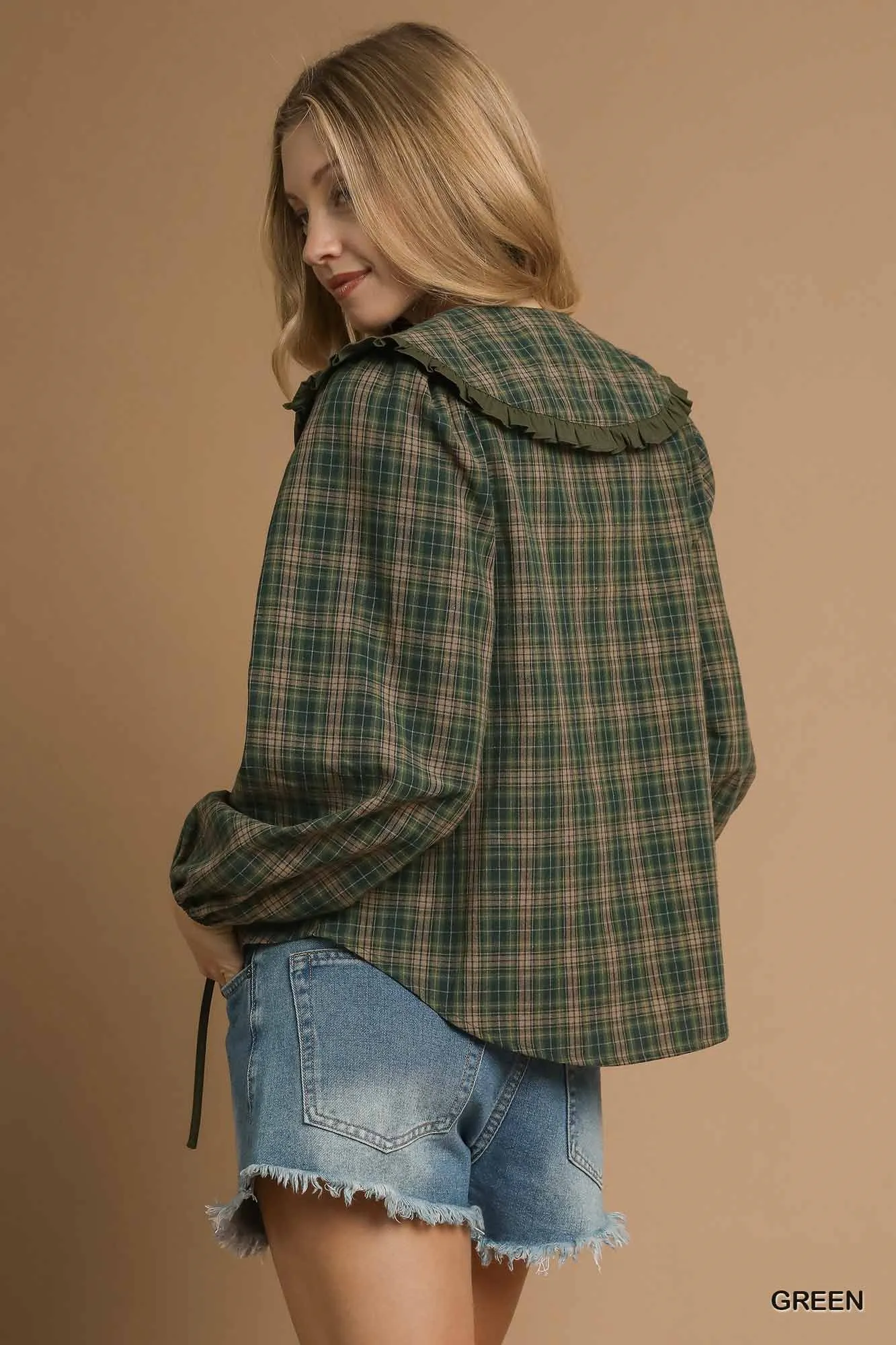 Umgee Full Size Plaid Ruffle Collar Blouse Plus Size - Image 3