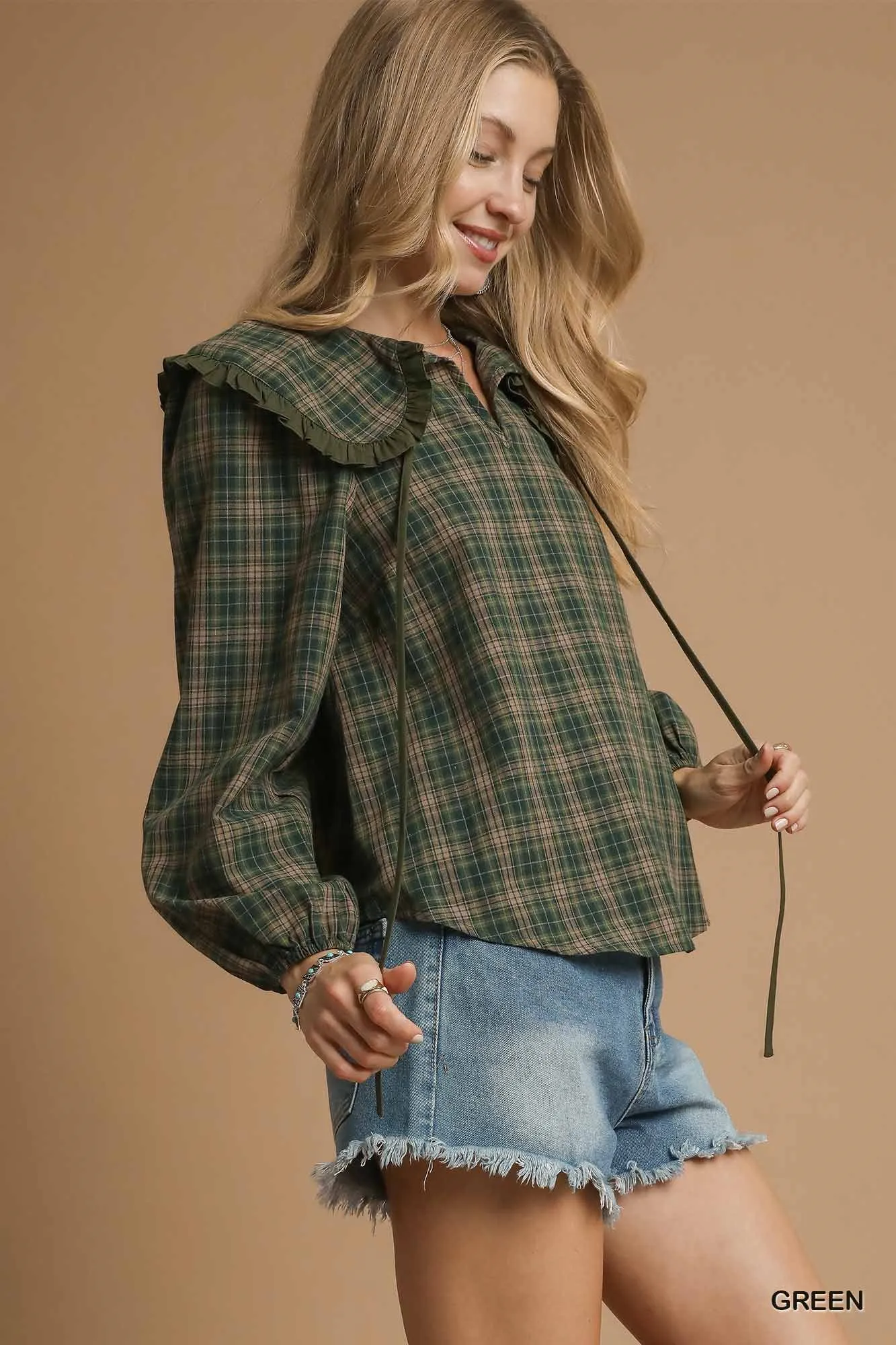Umgee Full Size Plaid Ruffle Collar Blouse Plus Size - Image 4