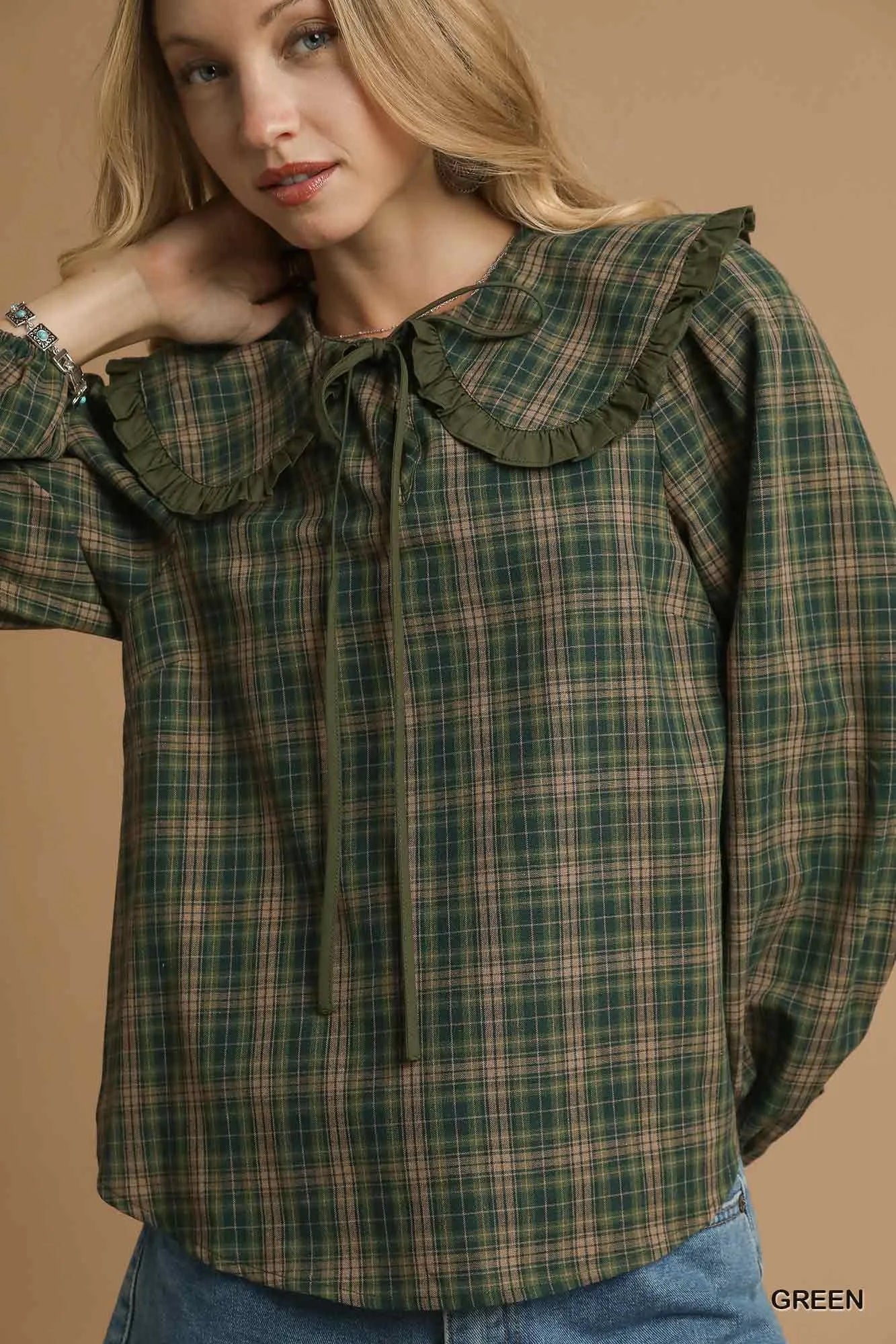 Umgee Full Size Plaid Ruffle Collar Blouse Plus Size - Image 5
