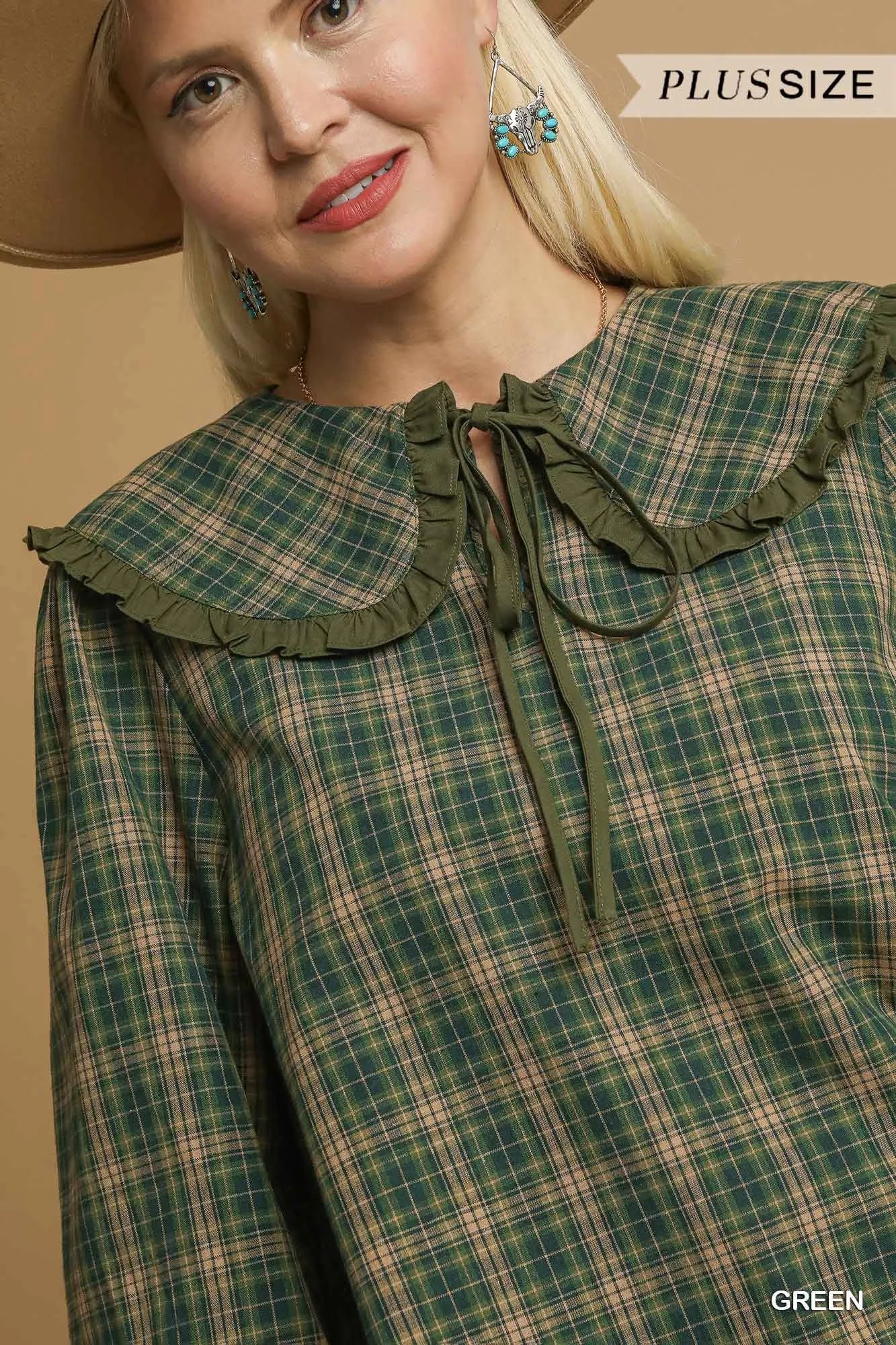 Umgee Full Size Plaid Ruffle Collar Blouse Plus Size - Image 7