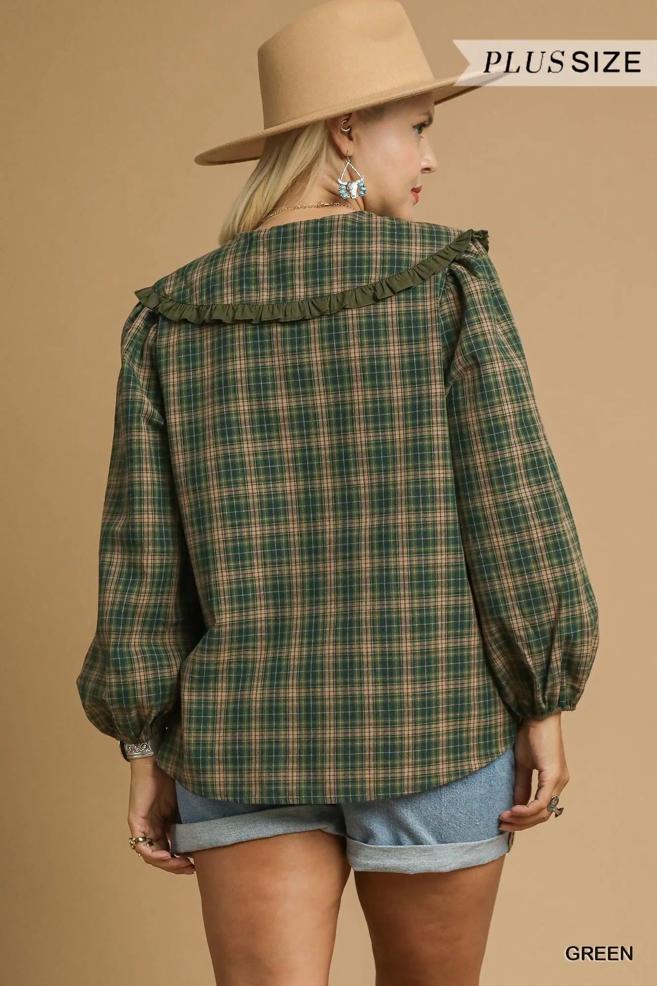 Umgee Full Size Plaid Ruffle Collar Blouse Plus Size - Image 9