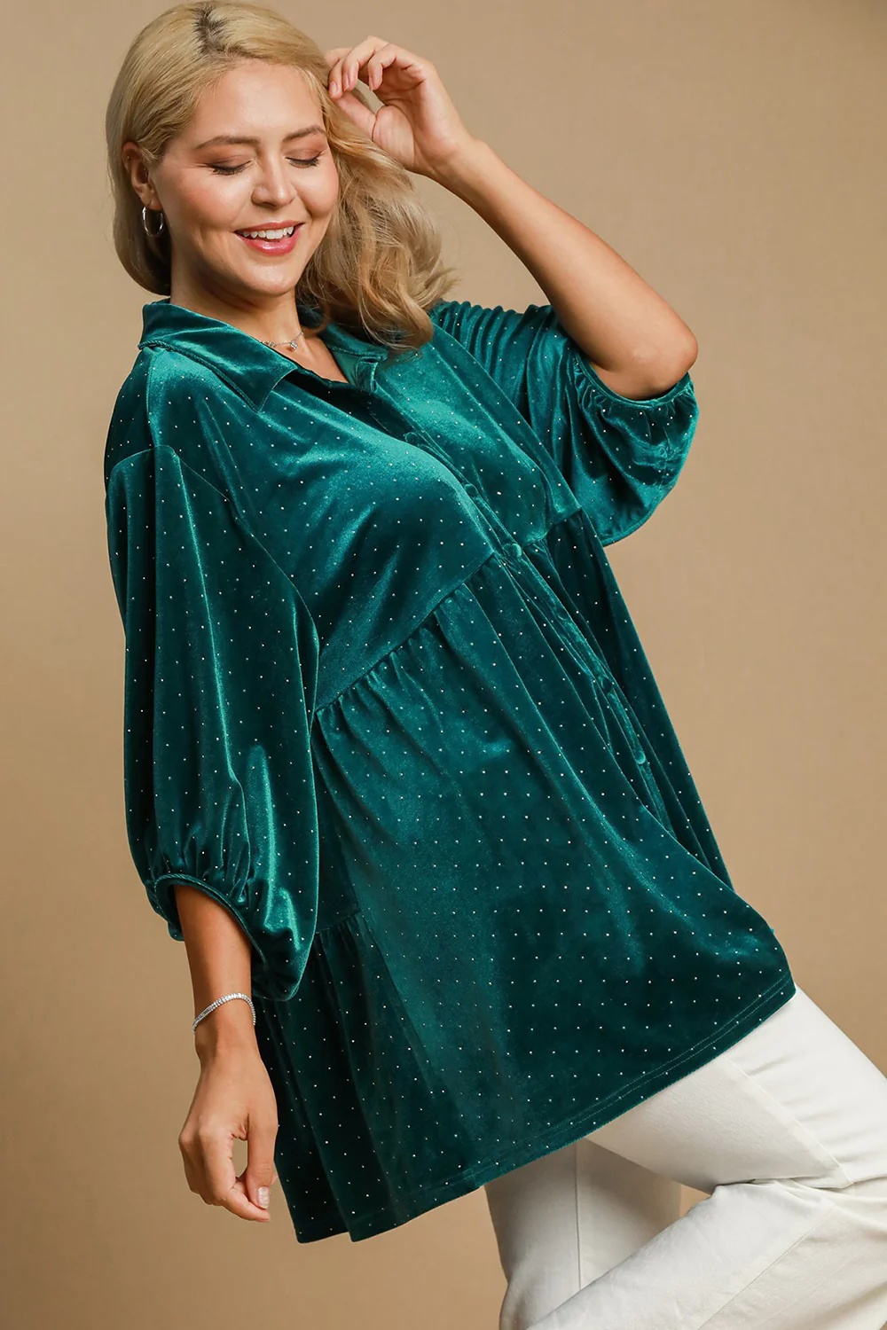 Umgee Full Size Polka Dot Collared Neck Button Up Shirt - Image 6