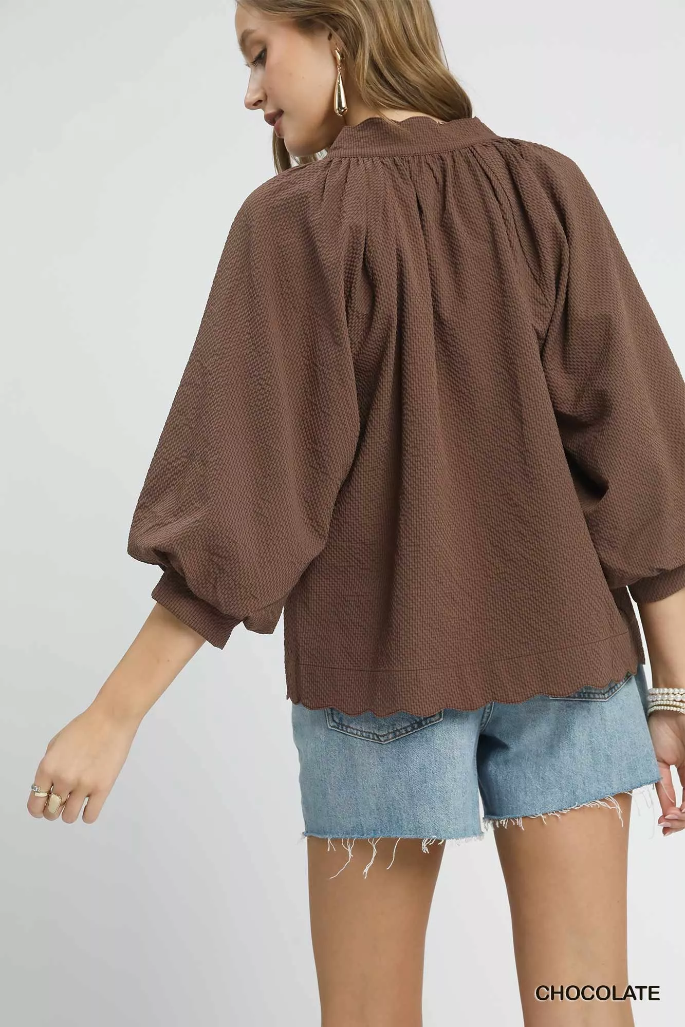 Umgee Full Size Textured Notched Balloon Sleeve Blouse Plus Size - Image 2