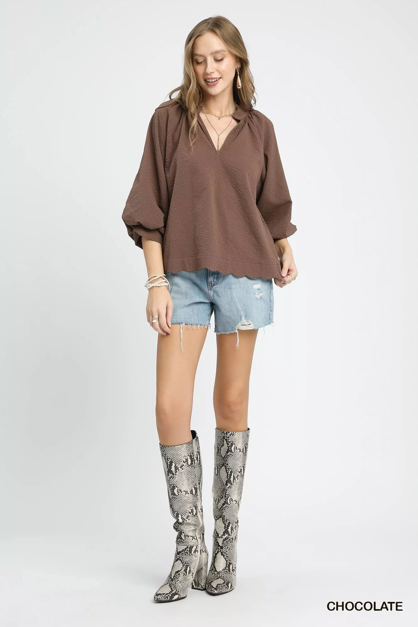 Umgee Full Size Textured Notched Balloon Sleeve Blouse Plus Size - Image 3