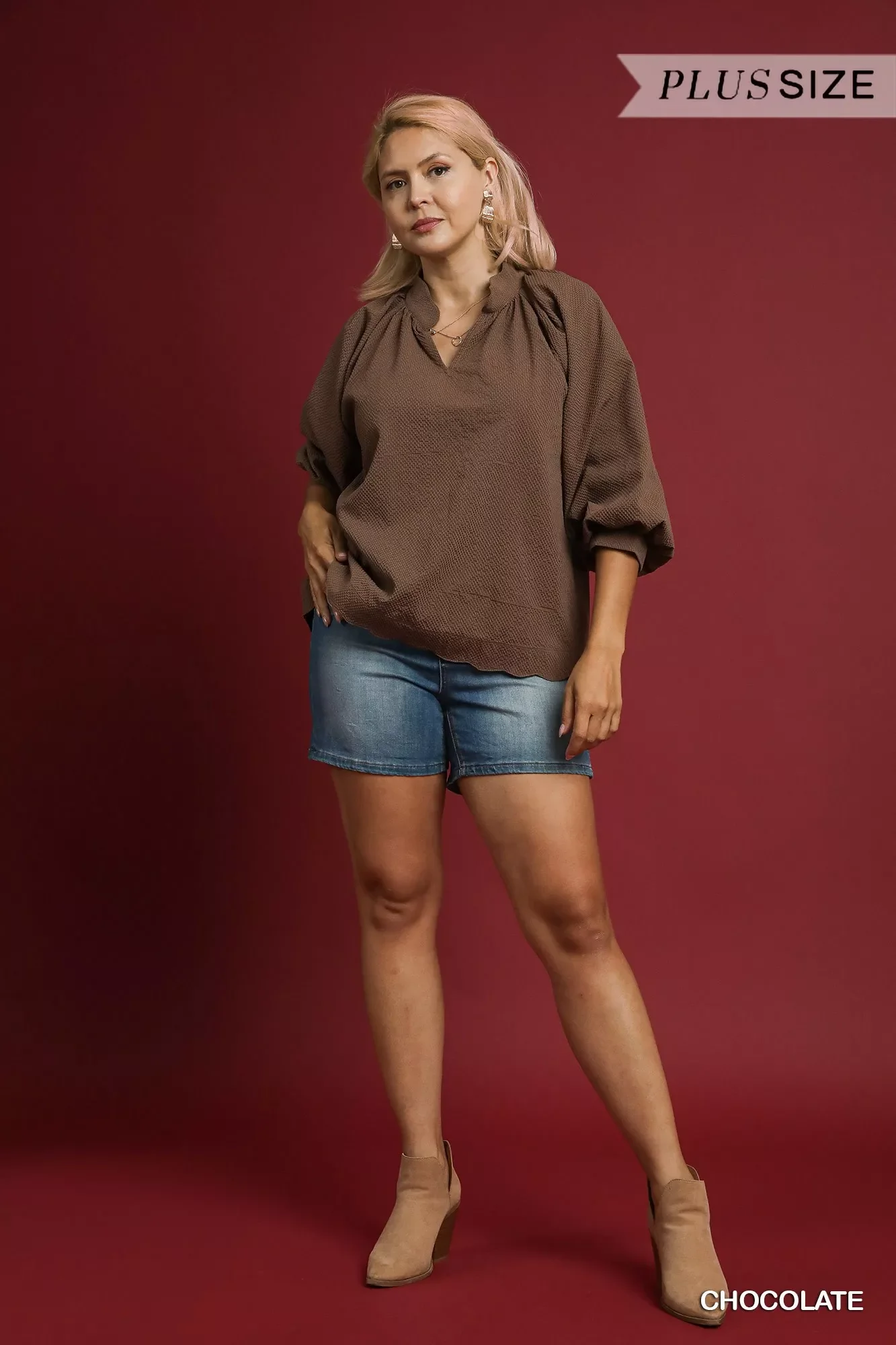 Umgee Full Size Textured Notched Balloon Sleeve Blouse Plus Size - Image 4