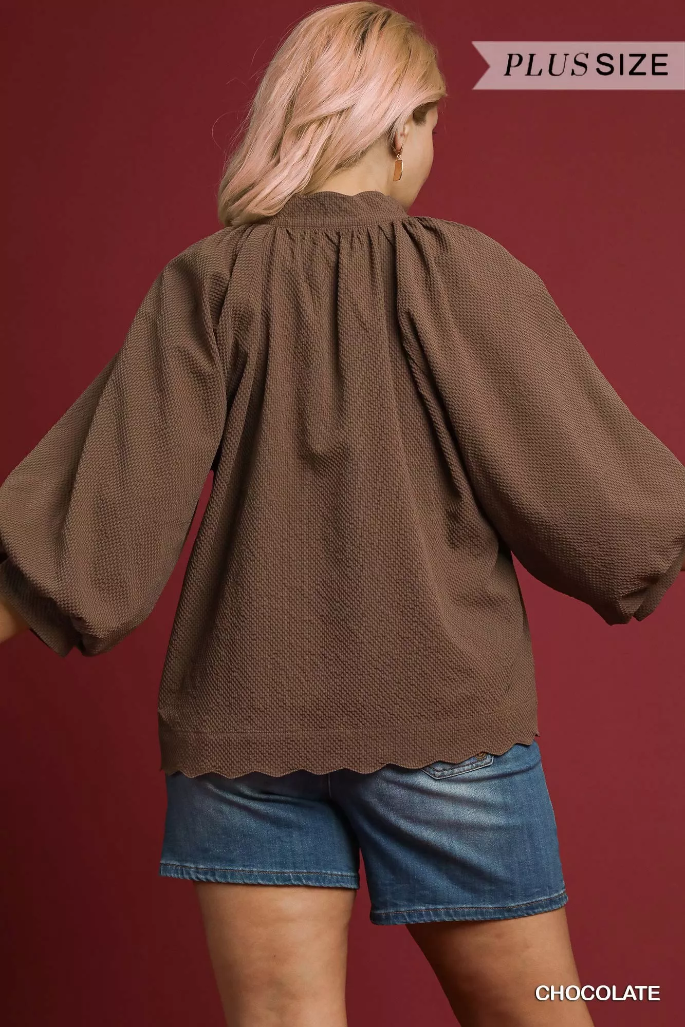 Umgee Full Size Textured Notched Balloon Sleeve Blouse Plus Size - Image 5