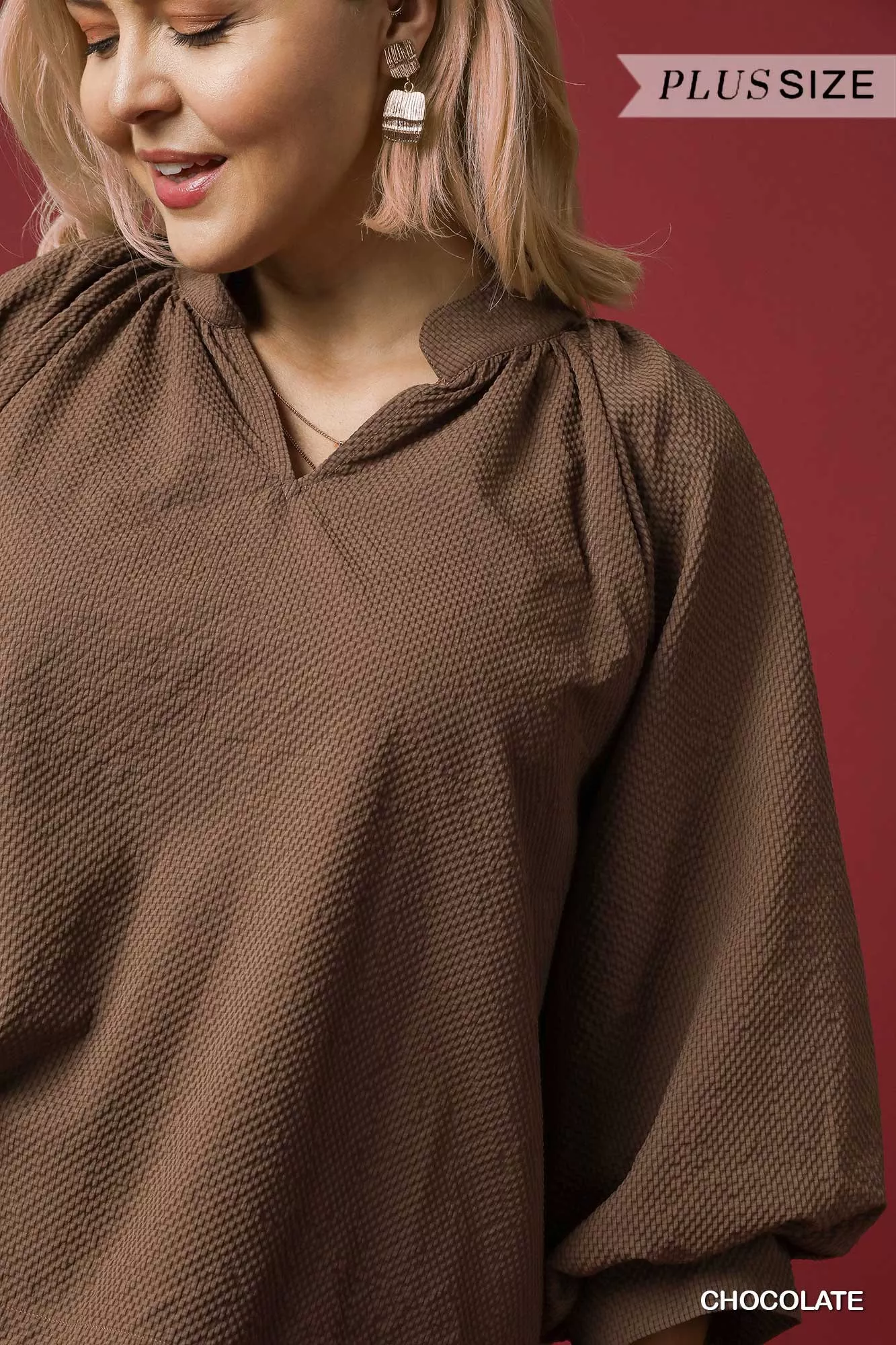 Umgee Full Size Textured Notched Balloon Sleeve Blouse Plus Size - Image 6