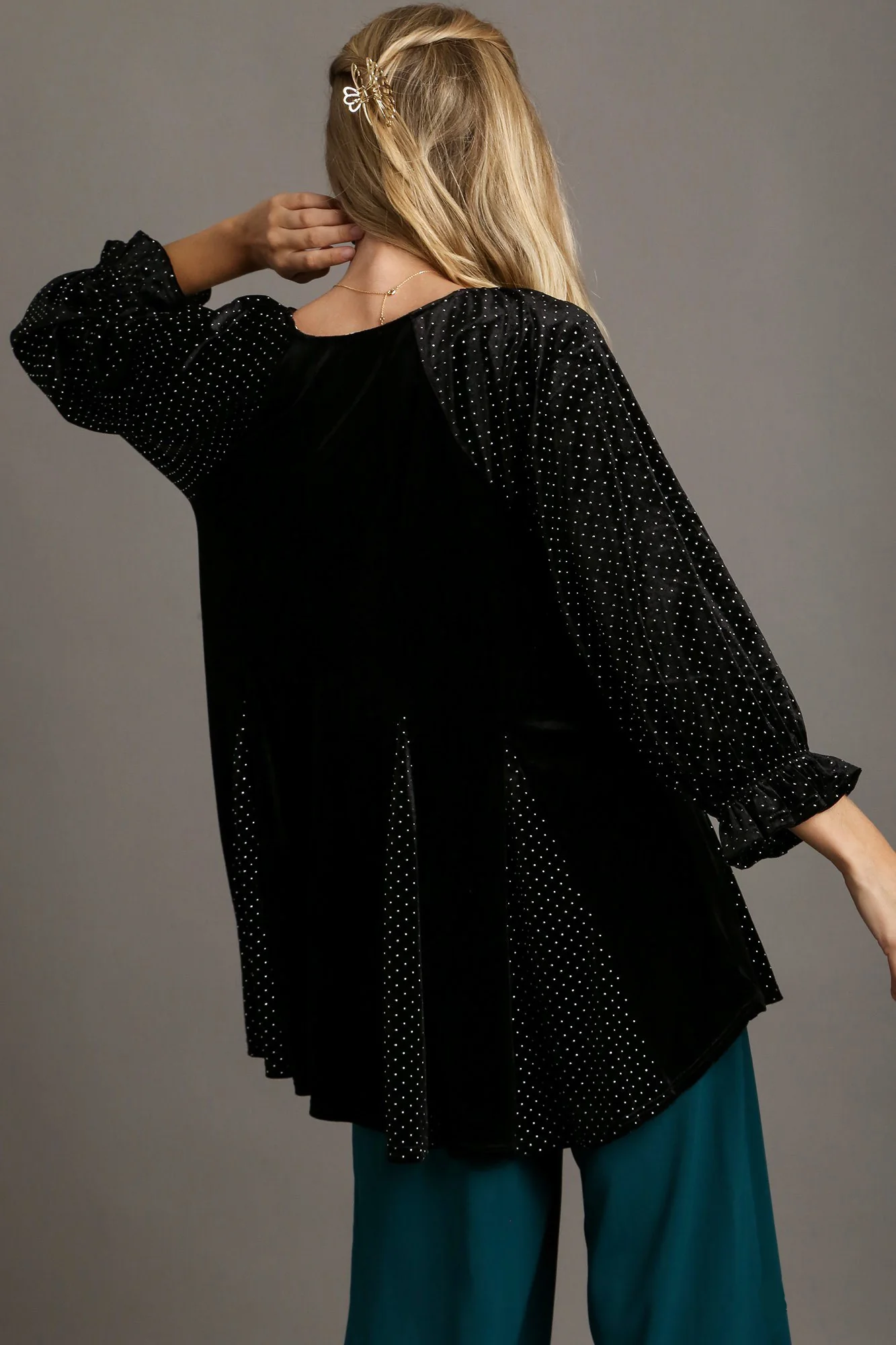 Umgee Godet Hem Polka Dot V-Neck Blouse - Image 2