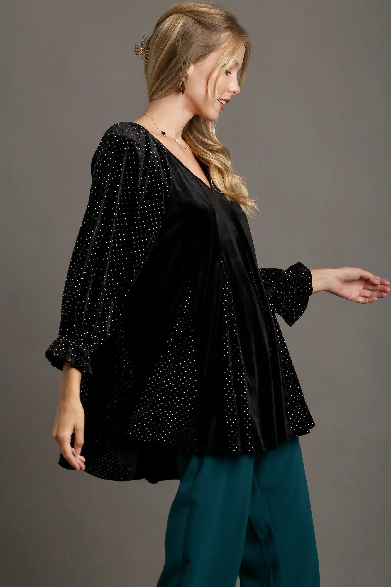 Umgee Godet Hem Polka Dot V-Neck Blouse - Image 3