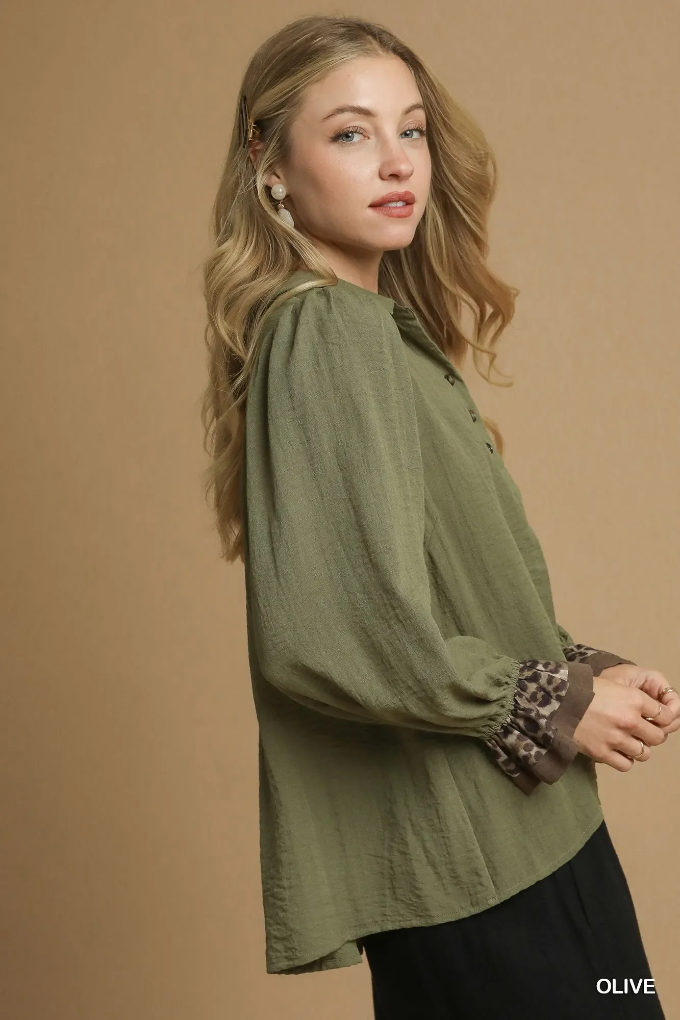 Umgee Half Button Blouse with Leopard Print Trim - Image 2
