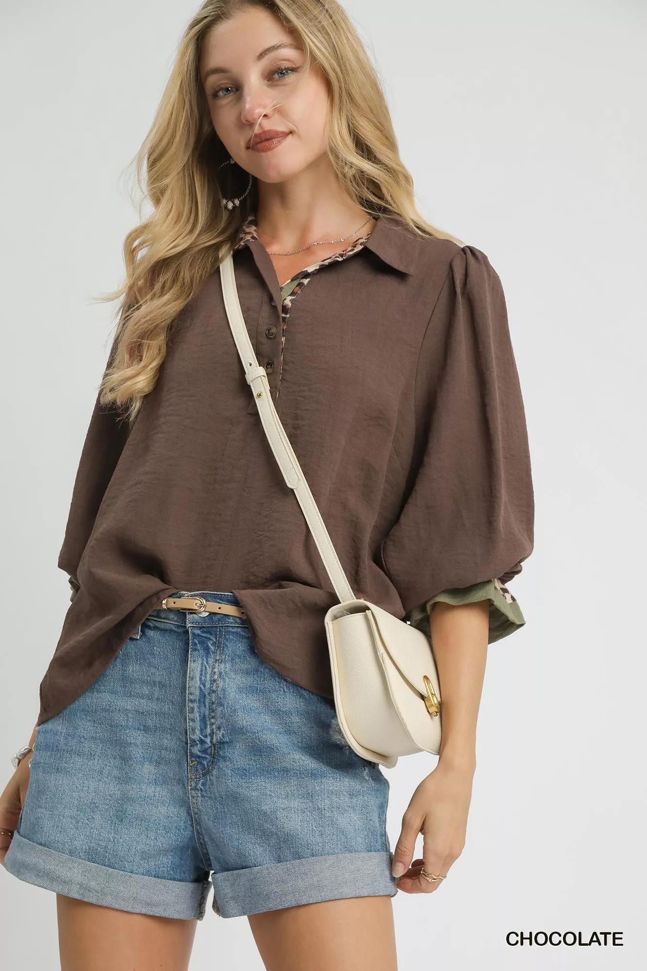 Umgee Half Button Blouse with Leopard Print Trim - Image 2