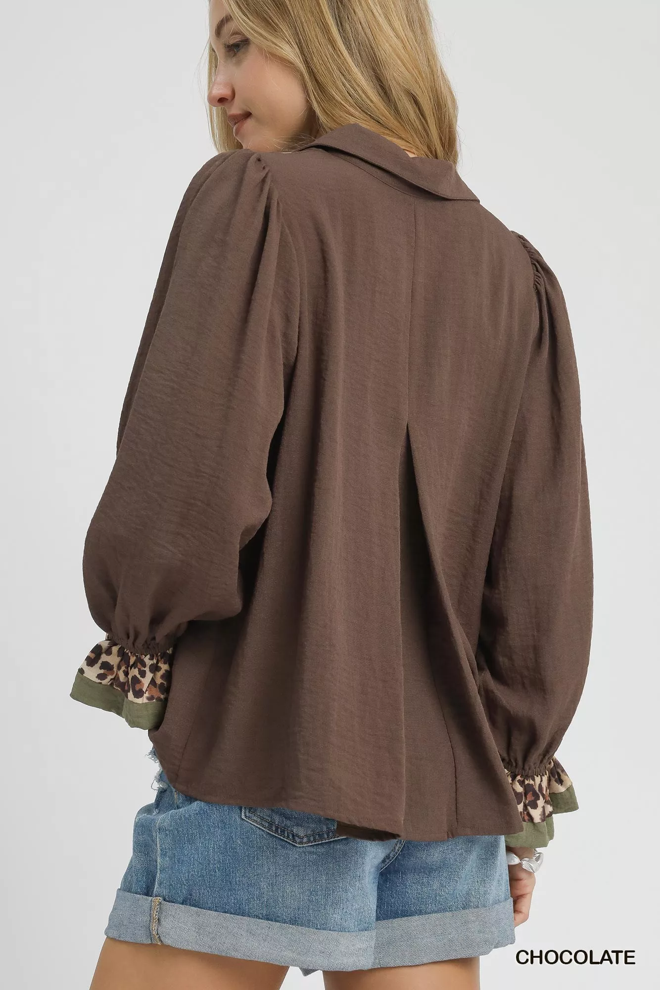Umgee Half Button Blouse with Leopard Print Trim - Image 5