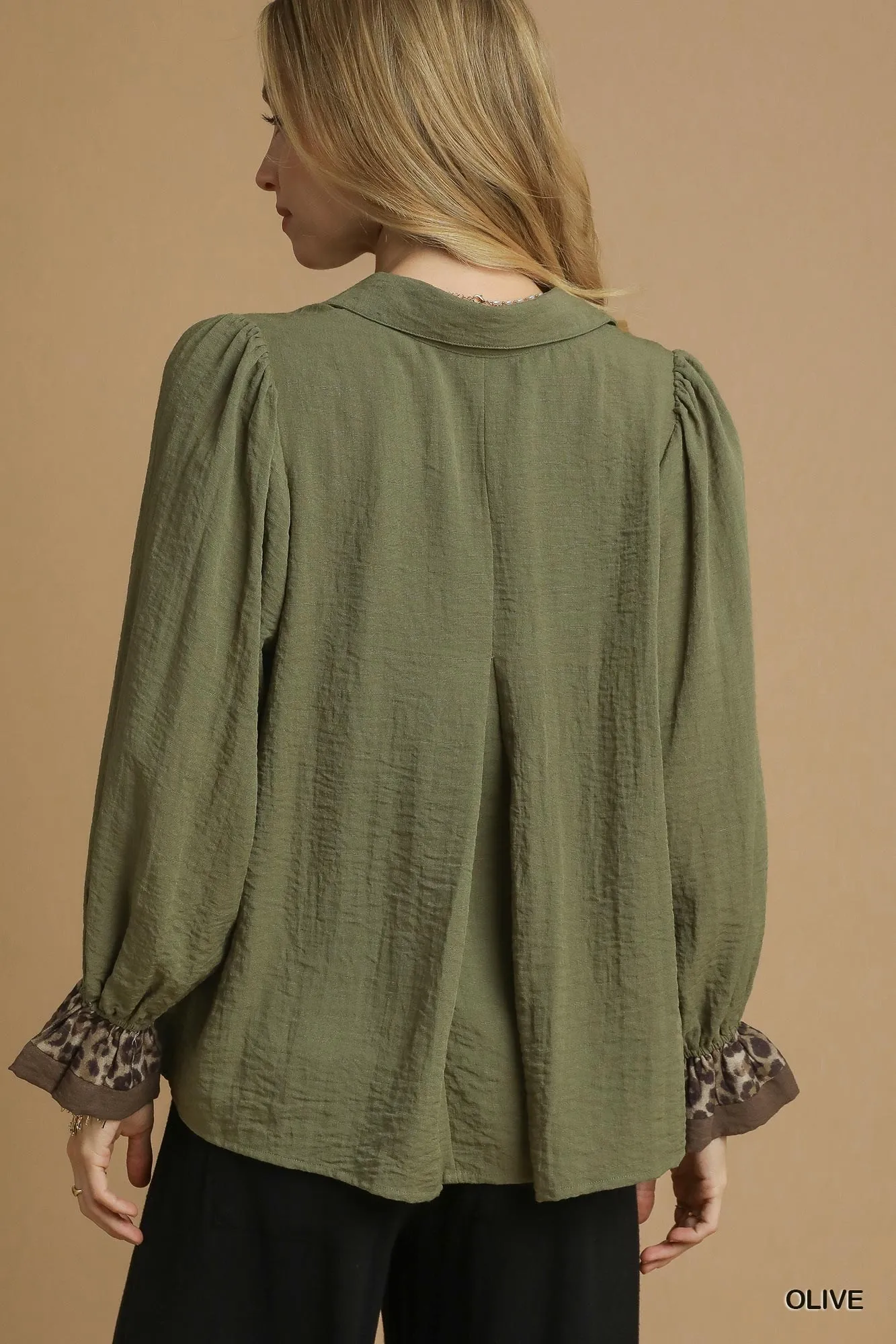 Umgee Half Button Blouse with Leopard Print Trim - Image 3