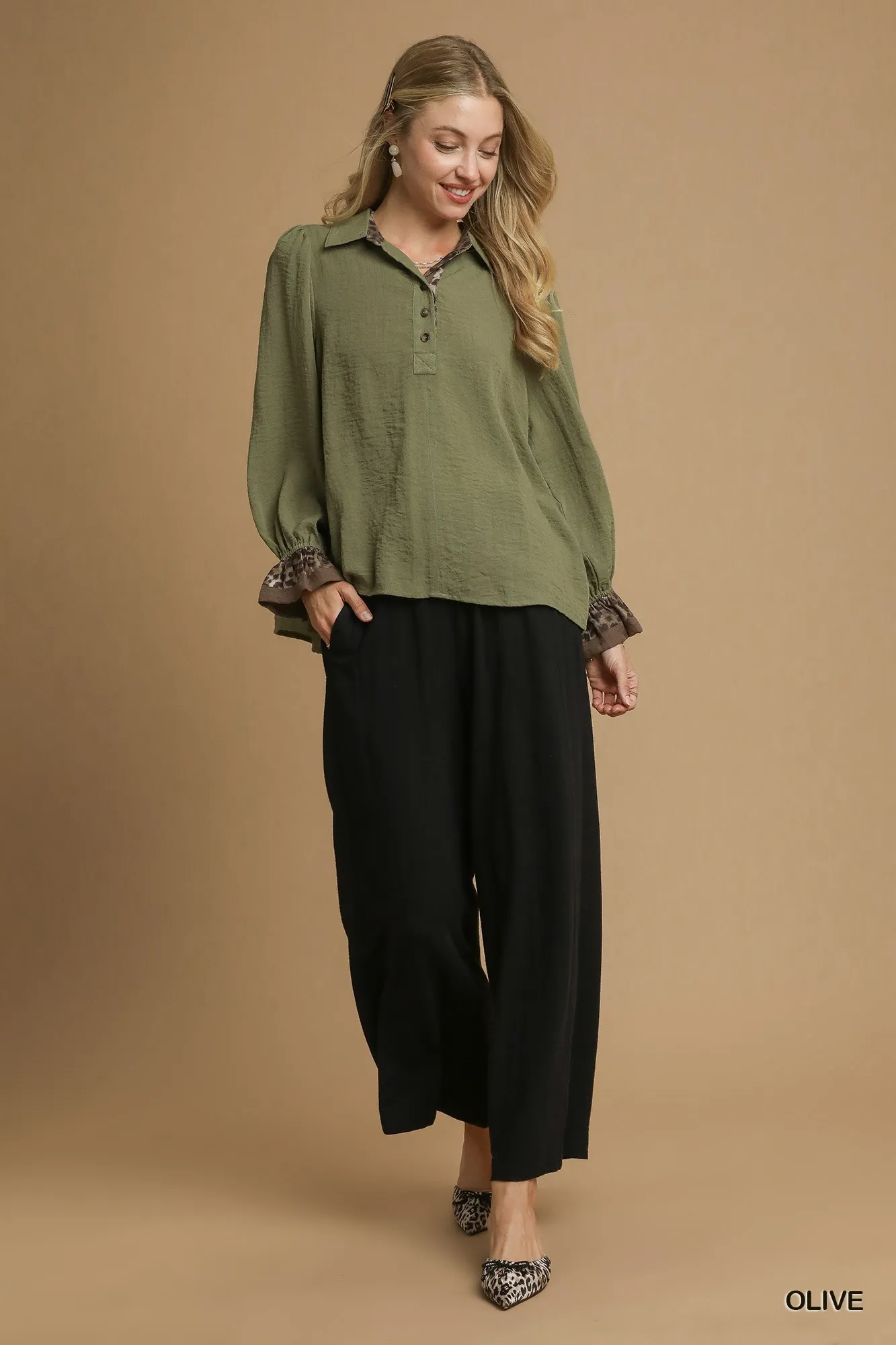 Umgee Half Button Blouse with Leopard Print Trim - Image 4