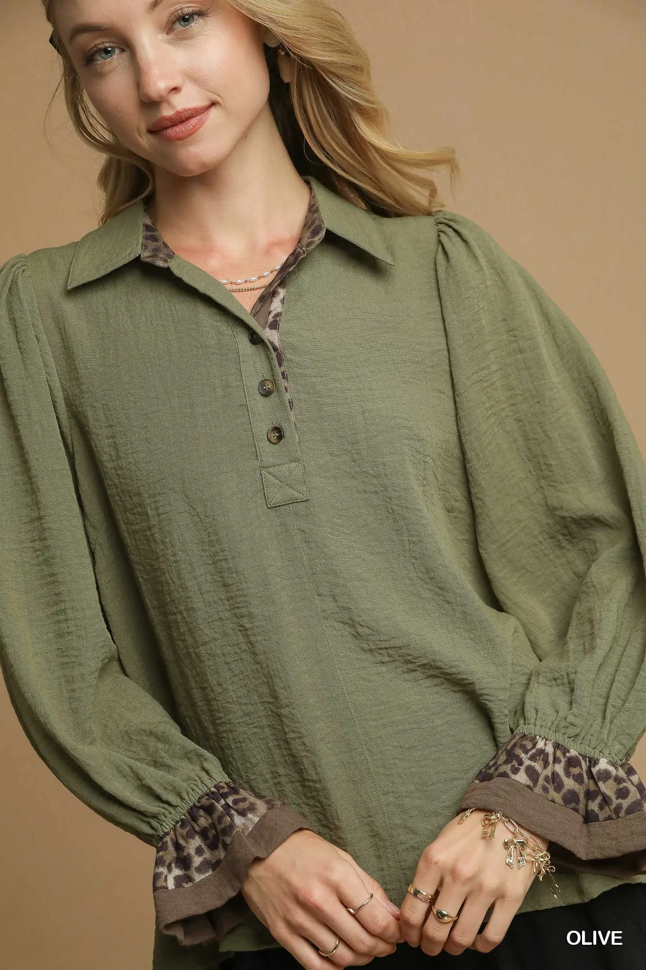 Umgee Half Button Blouse with Leopard Print Trim - Image 5