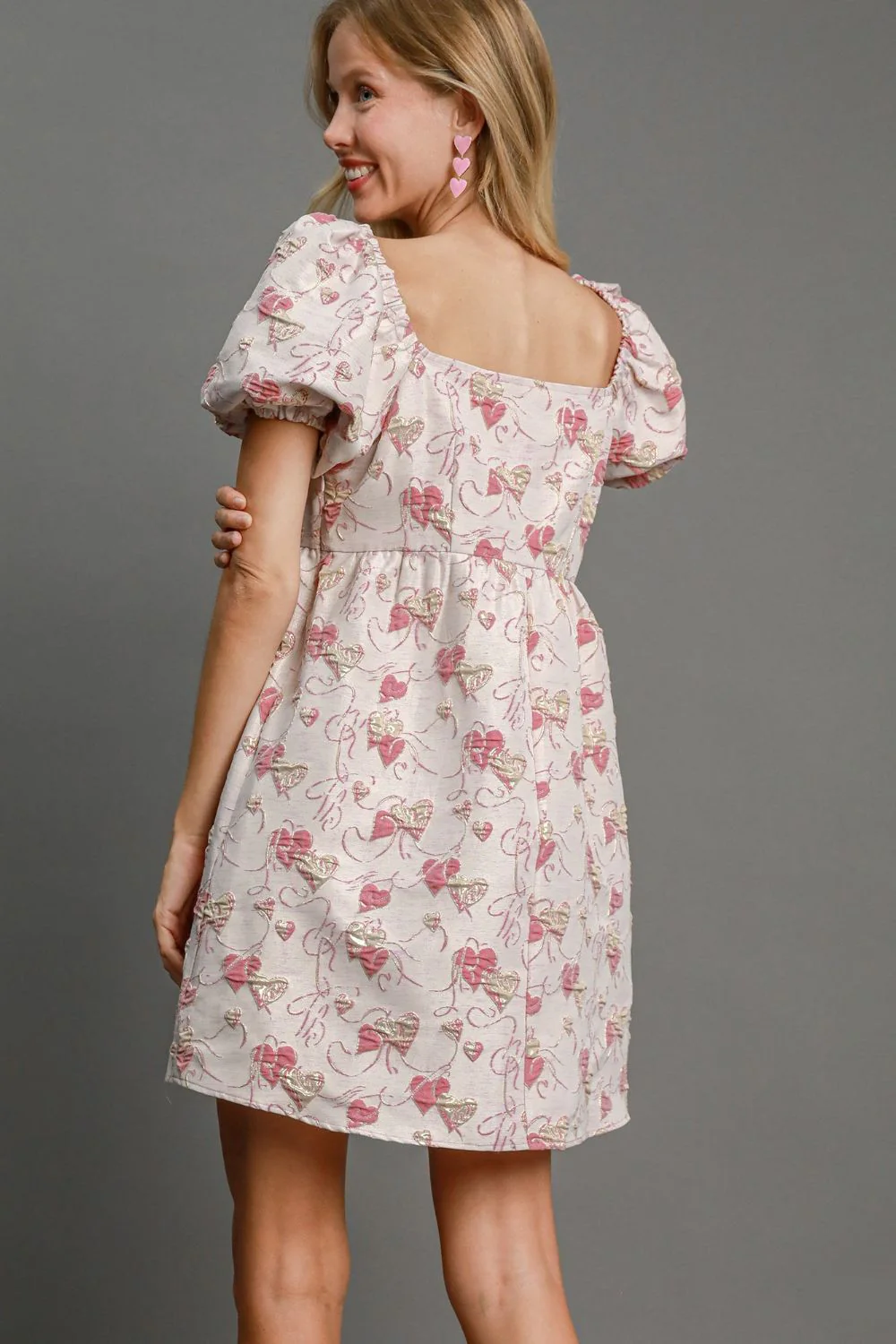 Umgee Heart Jacquard Square Neck Puff Sleeve Mini Dress - Image 2