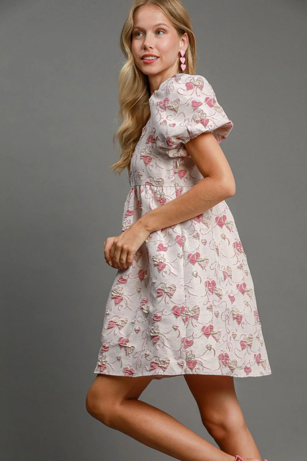 Umgee Heart Jacquard Square Neck Puff Sleeve Mini Dress - Image 3