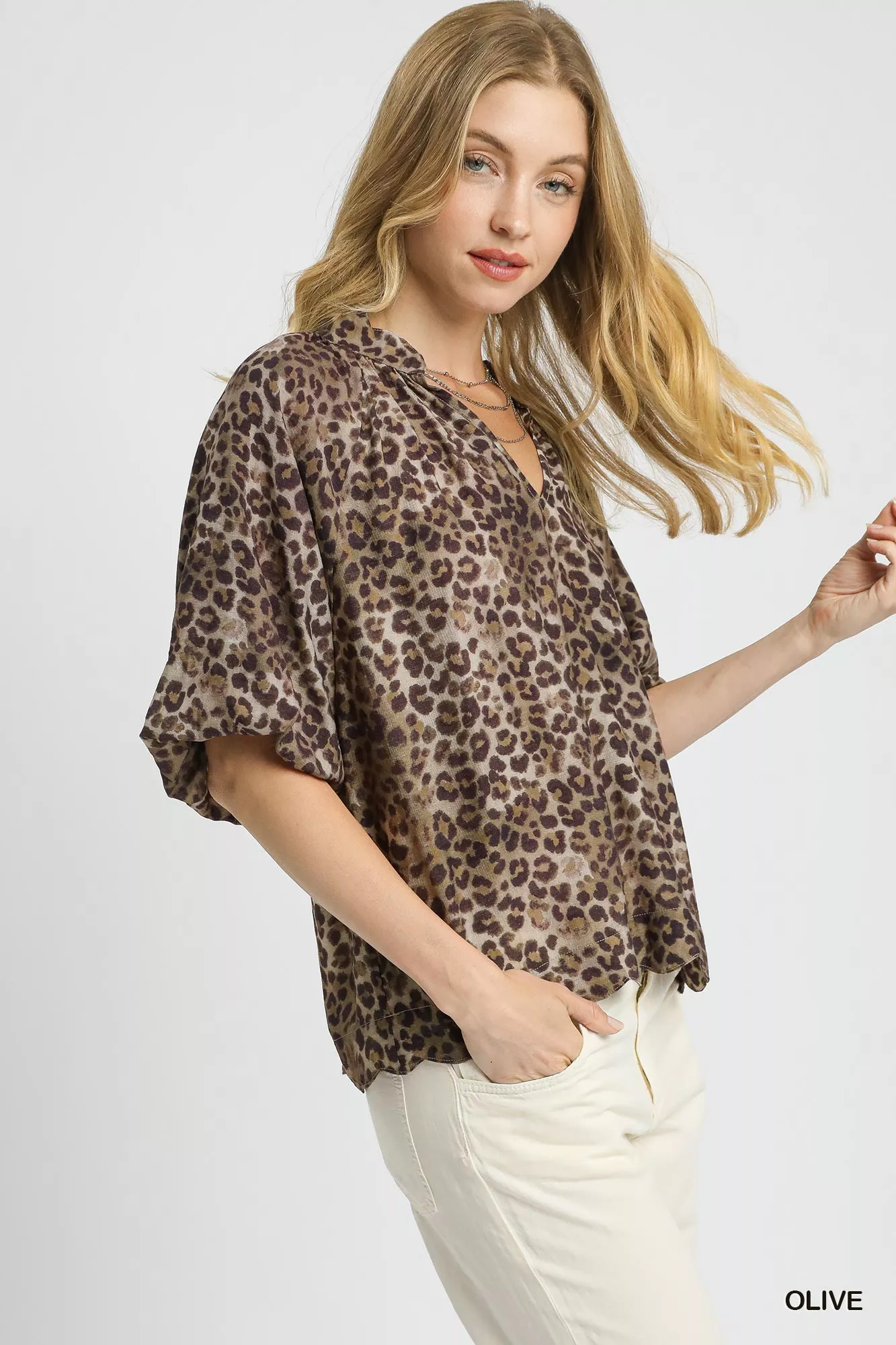 Umgee Leopard Bubble Sleeve Scalloped Hem Blouse - Image 2